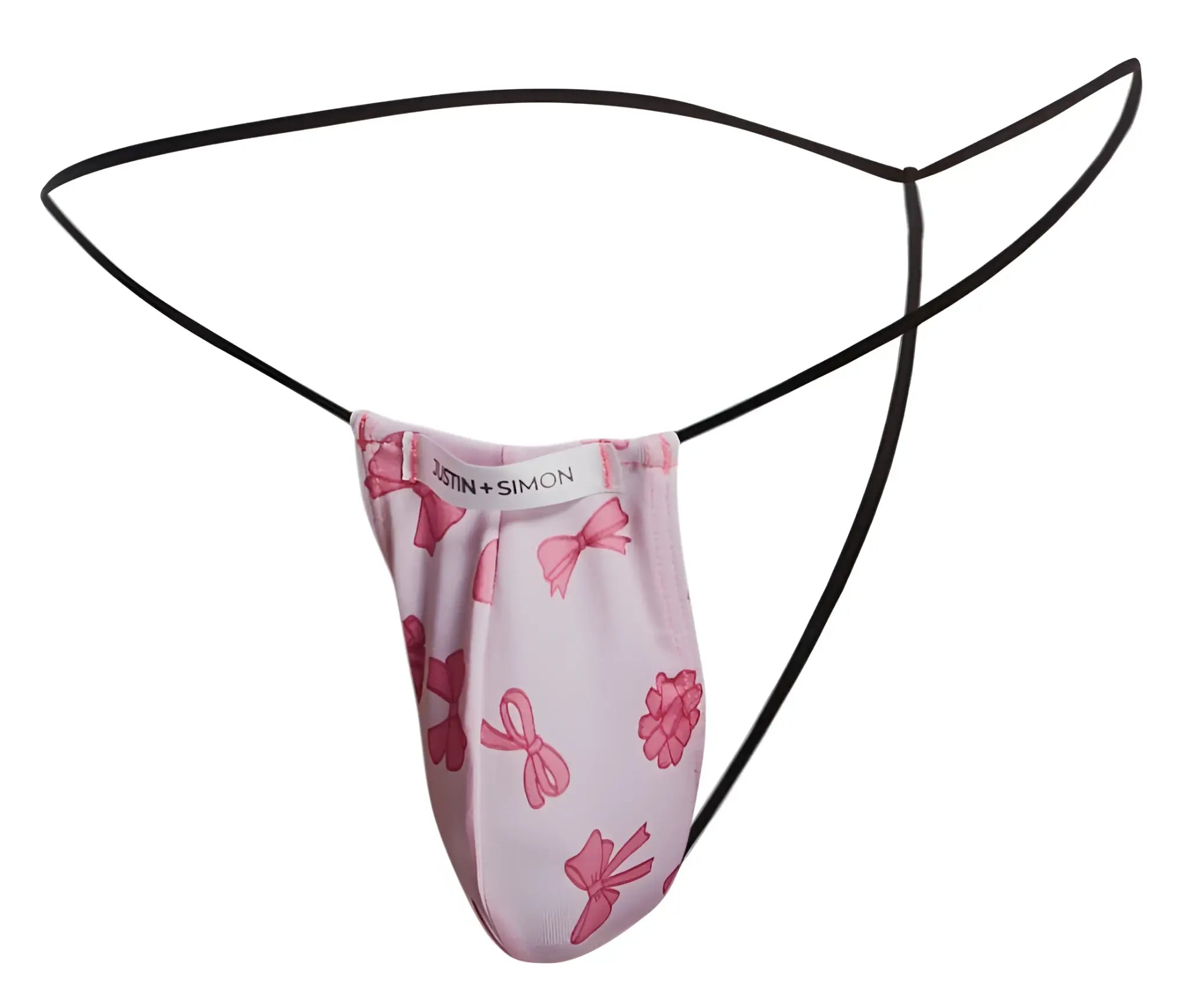 Pink bow-patterned justin plus simon classic g-string with black elastic straps in coquette color shown from back