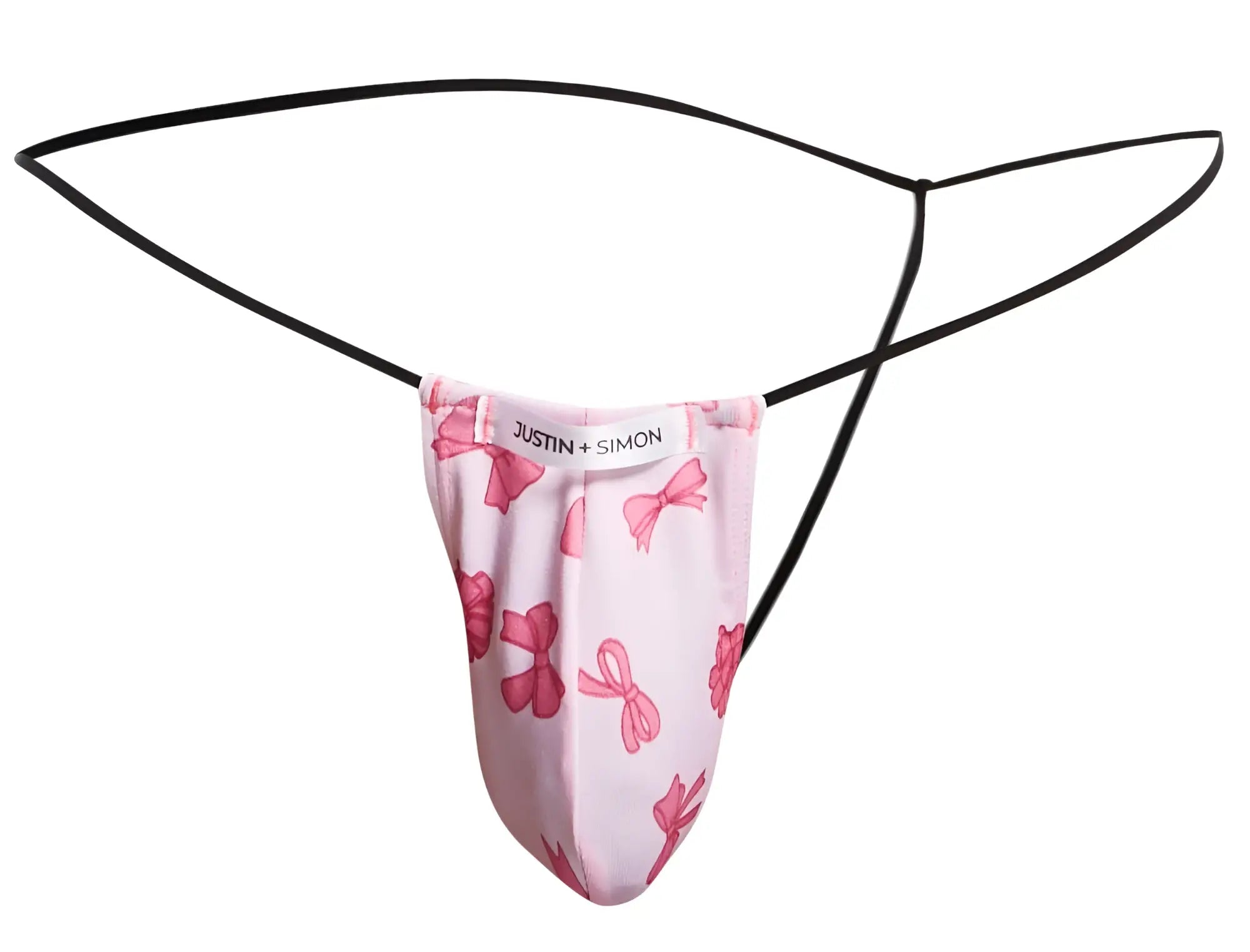 Justin plus simon pink bow patterned classic g string with black elastic straps front view in coquette color