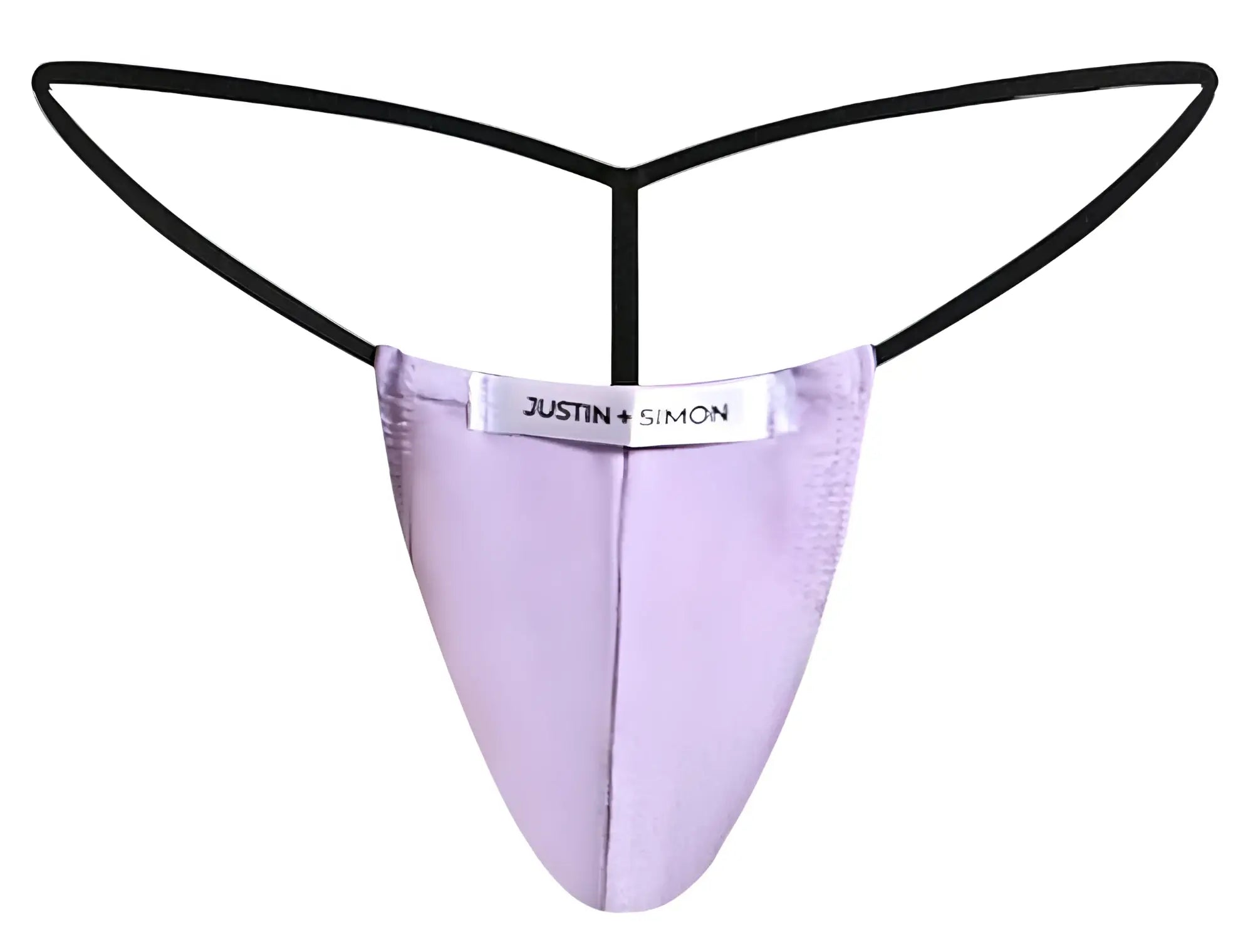 Lavender satin thong classic g-string with black elastic straps by Justin Simon in lilac color front view