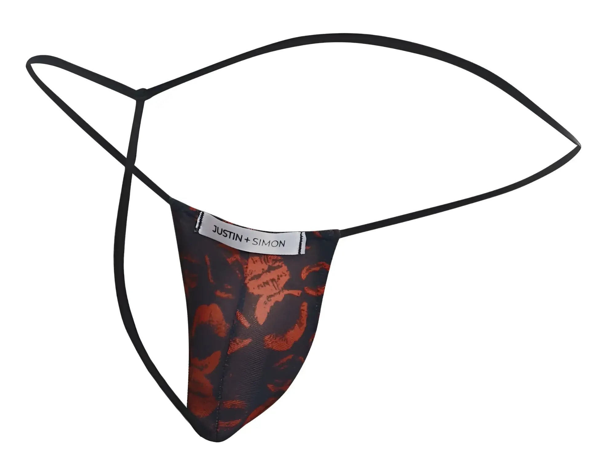 Black and orange floral-patterned thong by justin simon with thin black elastic straps in classic g-string style