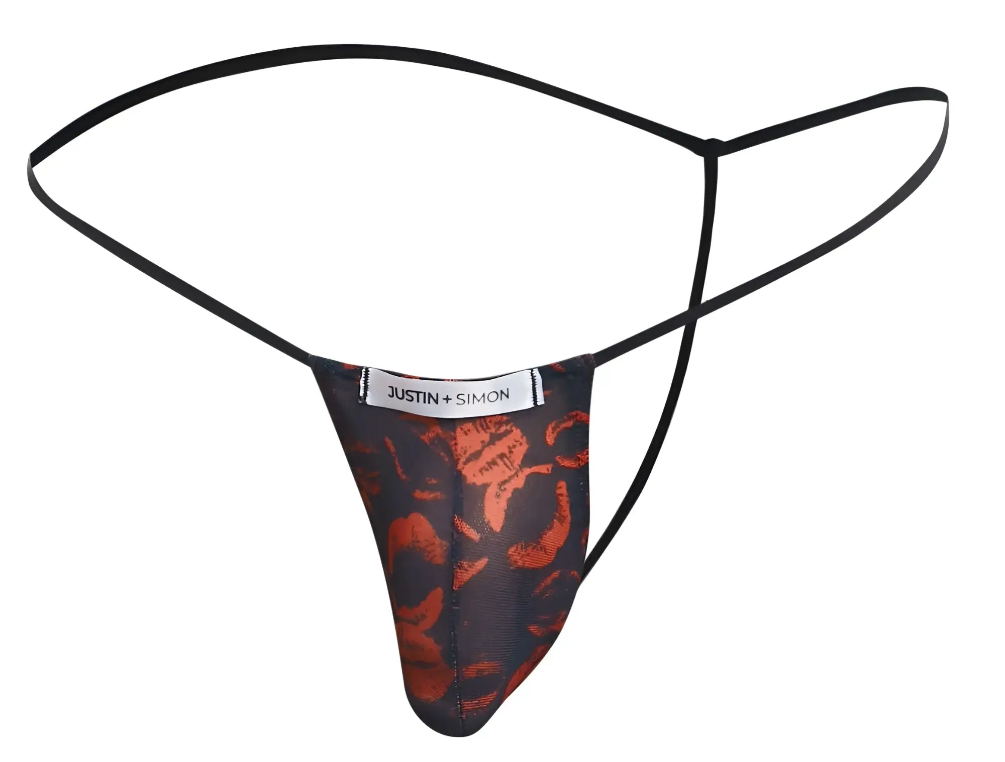 Black thong with bold orange floral pattern and thin straps featuring the justin plus simon brand label front view