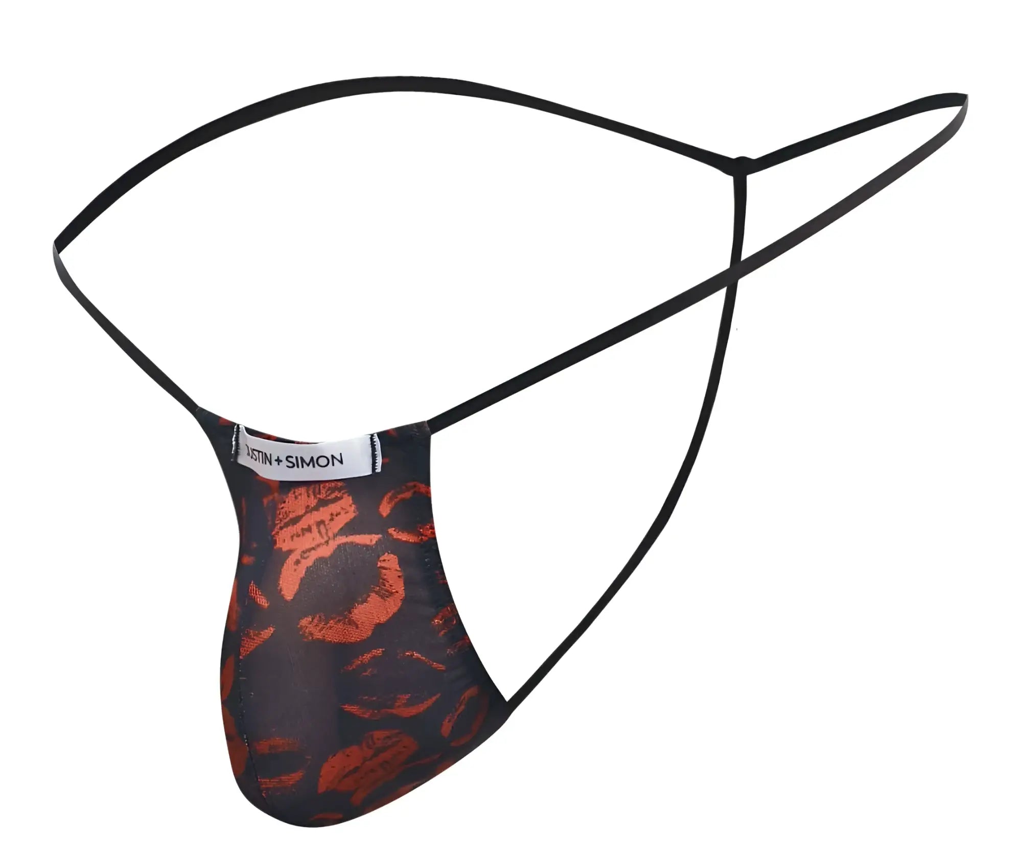 Black thong g-string with orange lipstick print and thin straps by justin + simon from xsj02 classic lips line