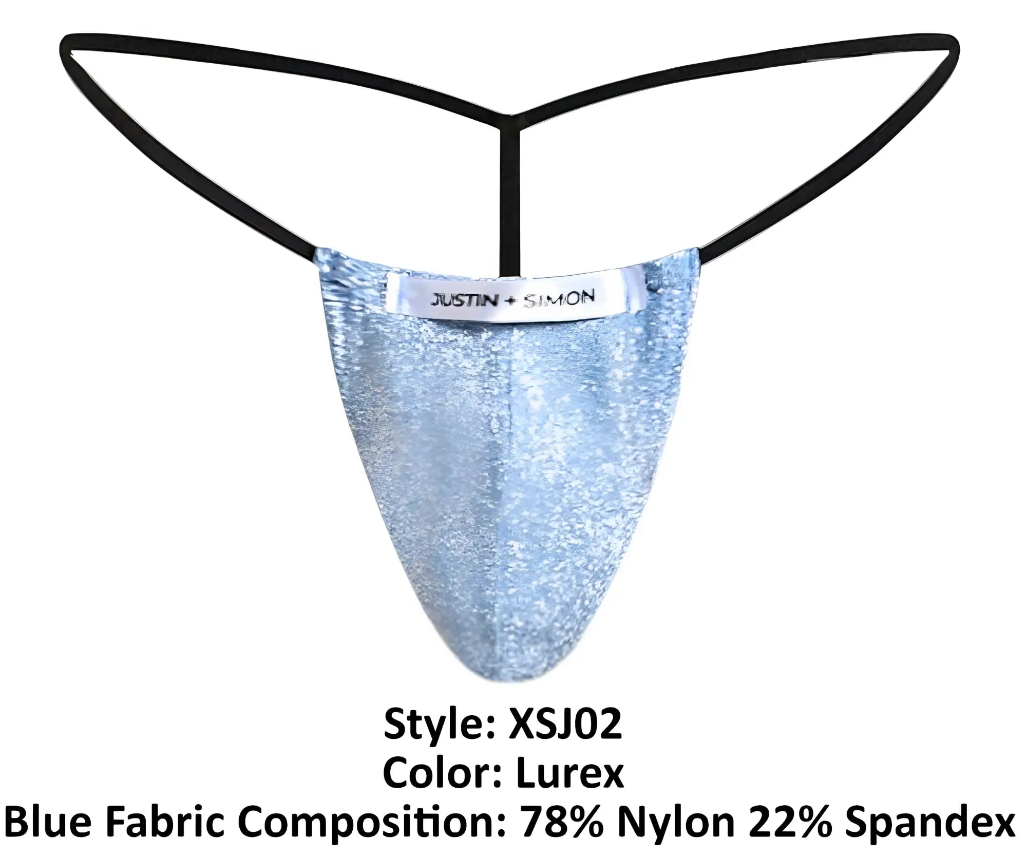 Light blue glittery lurex fabric thong with black elastic straps and justin simon brand label classic g string style