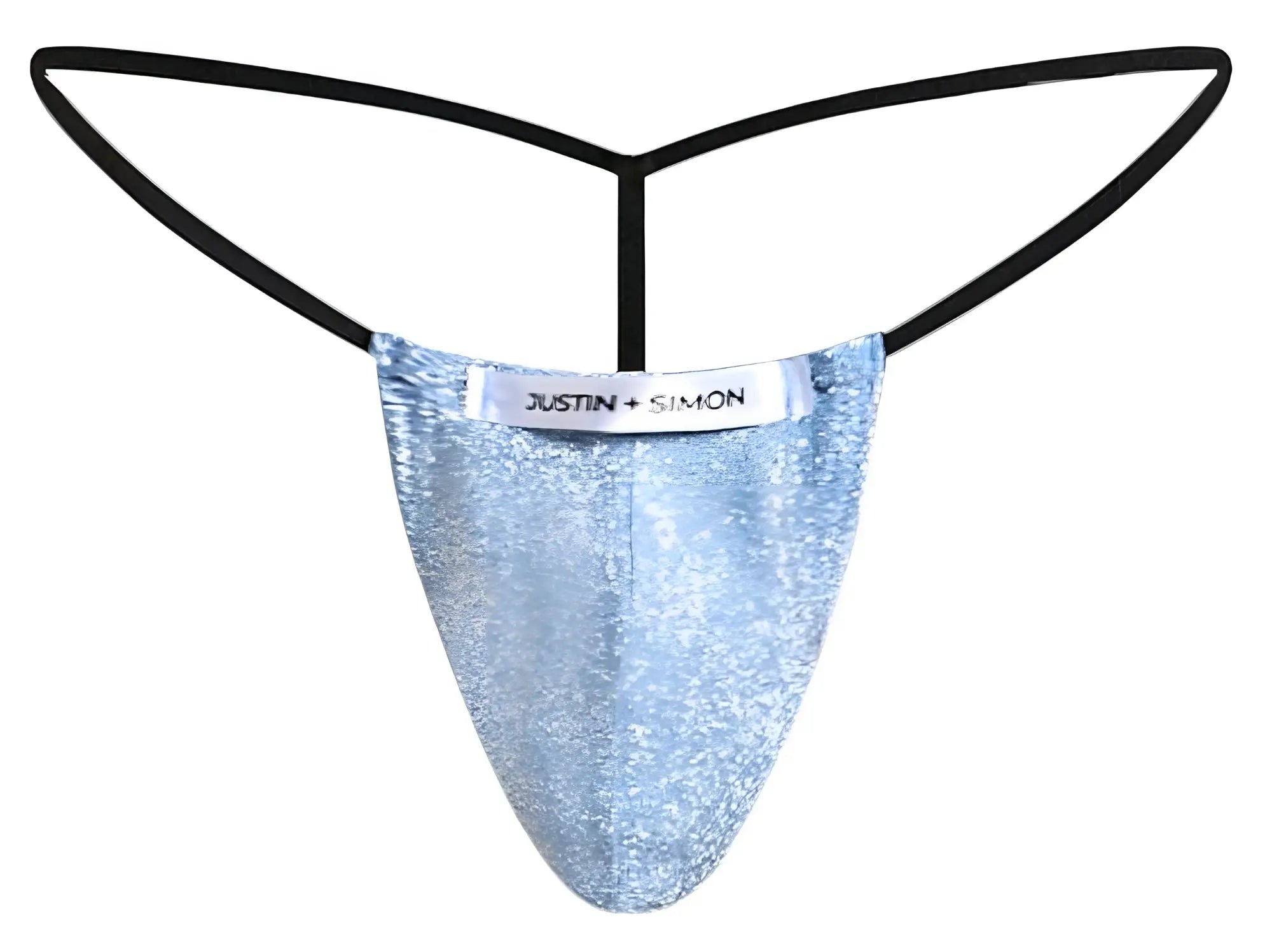 Light blue sequined lurex classic g-string thong with black elastic straps and justin plus simon brand label
