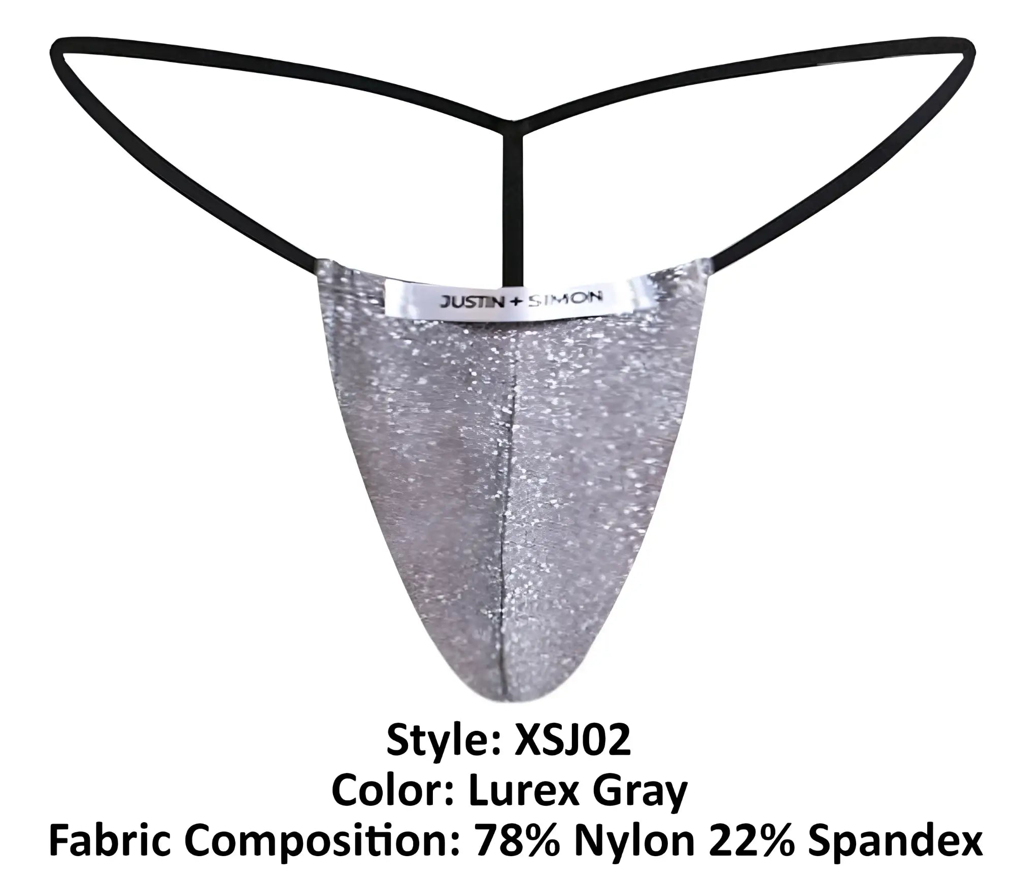 Silver glittery lurex gray classic g-string thong from justin plus simon style xsj02 shown from the back side