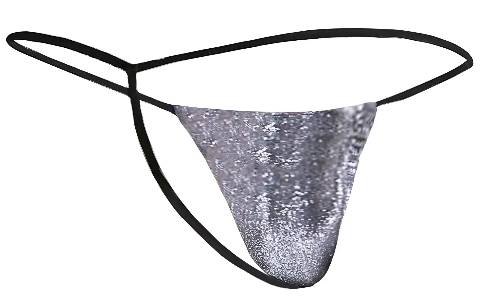 Justin simon xsj02 classic g-string silver sequined thong with black elastic straps in lurex gray material
