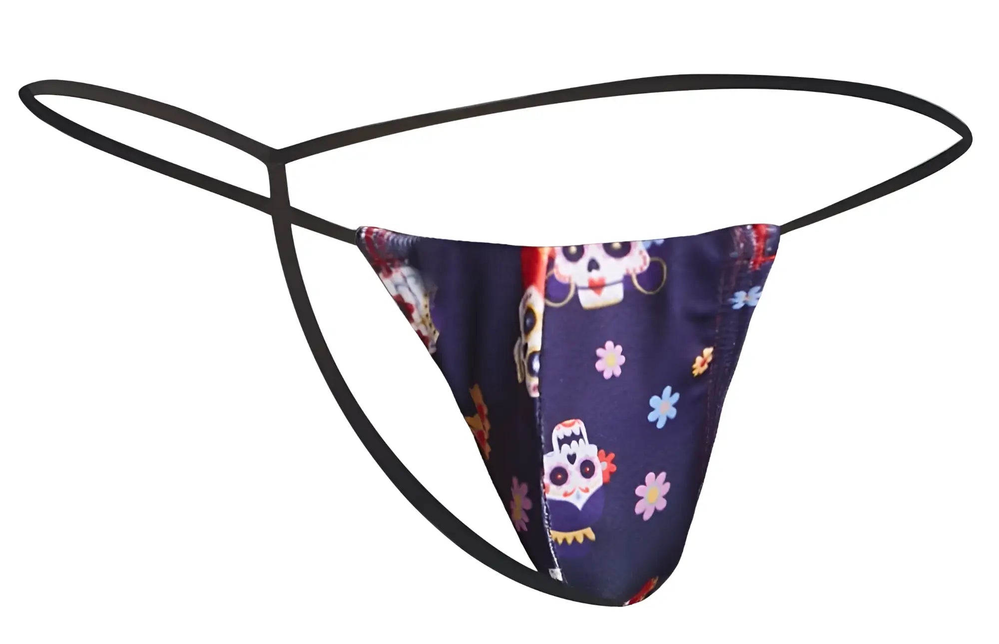Dark blue satin thong with vibrant sugar skull and floral pattern and black elastic straps from justin simon xsj02