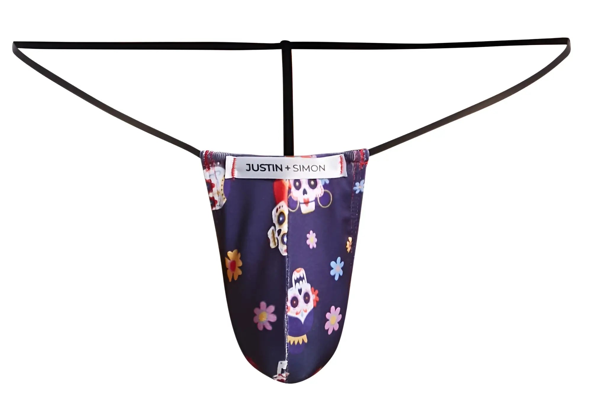 Dark blue thong g-string with colorful sugar skull floral pattern and black elastic straps from justin+simon