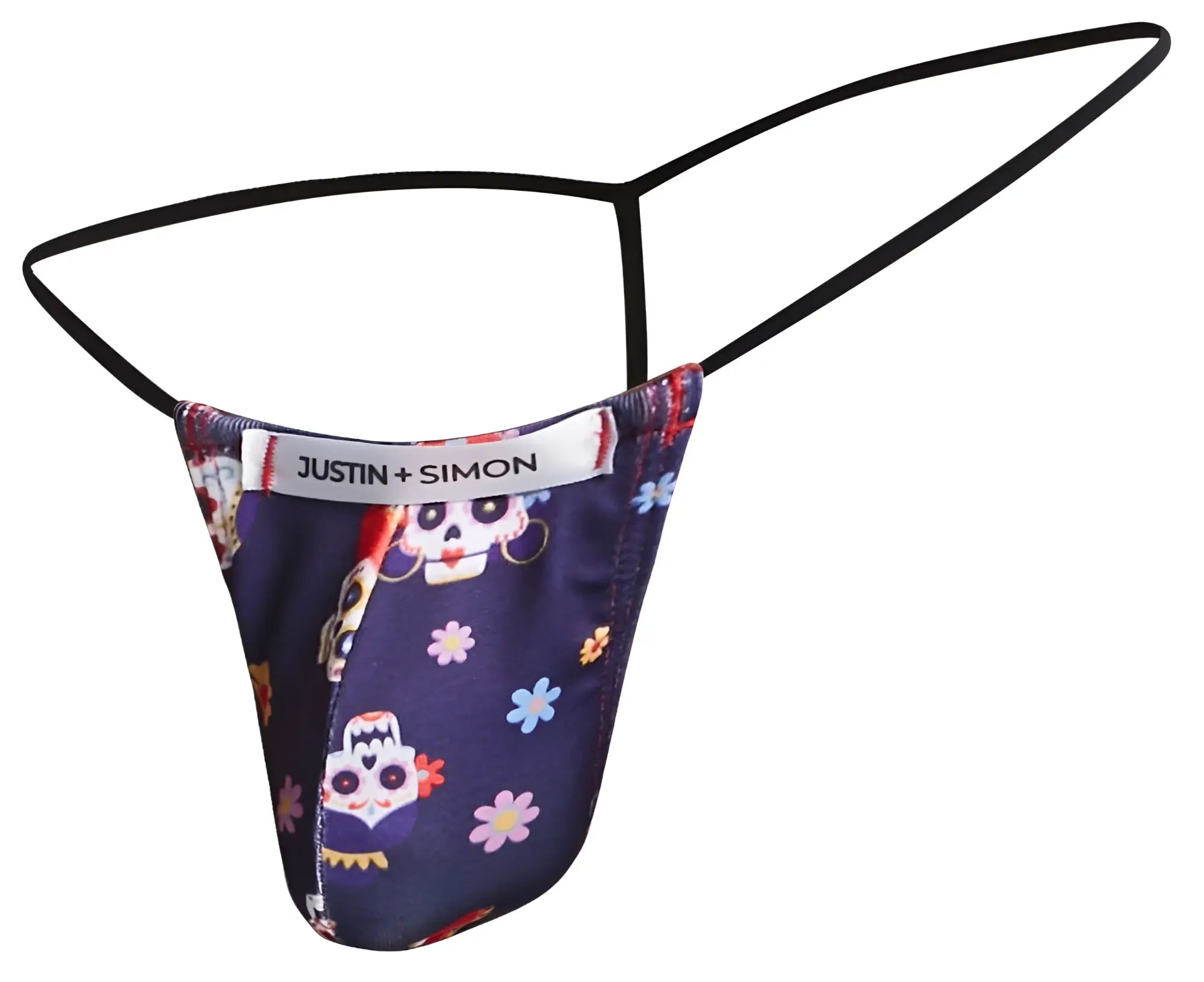 Justin simon classic g-string men’s thong in navy blue with colorful sugar skull and floral patterns color mexico design