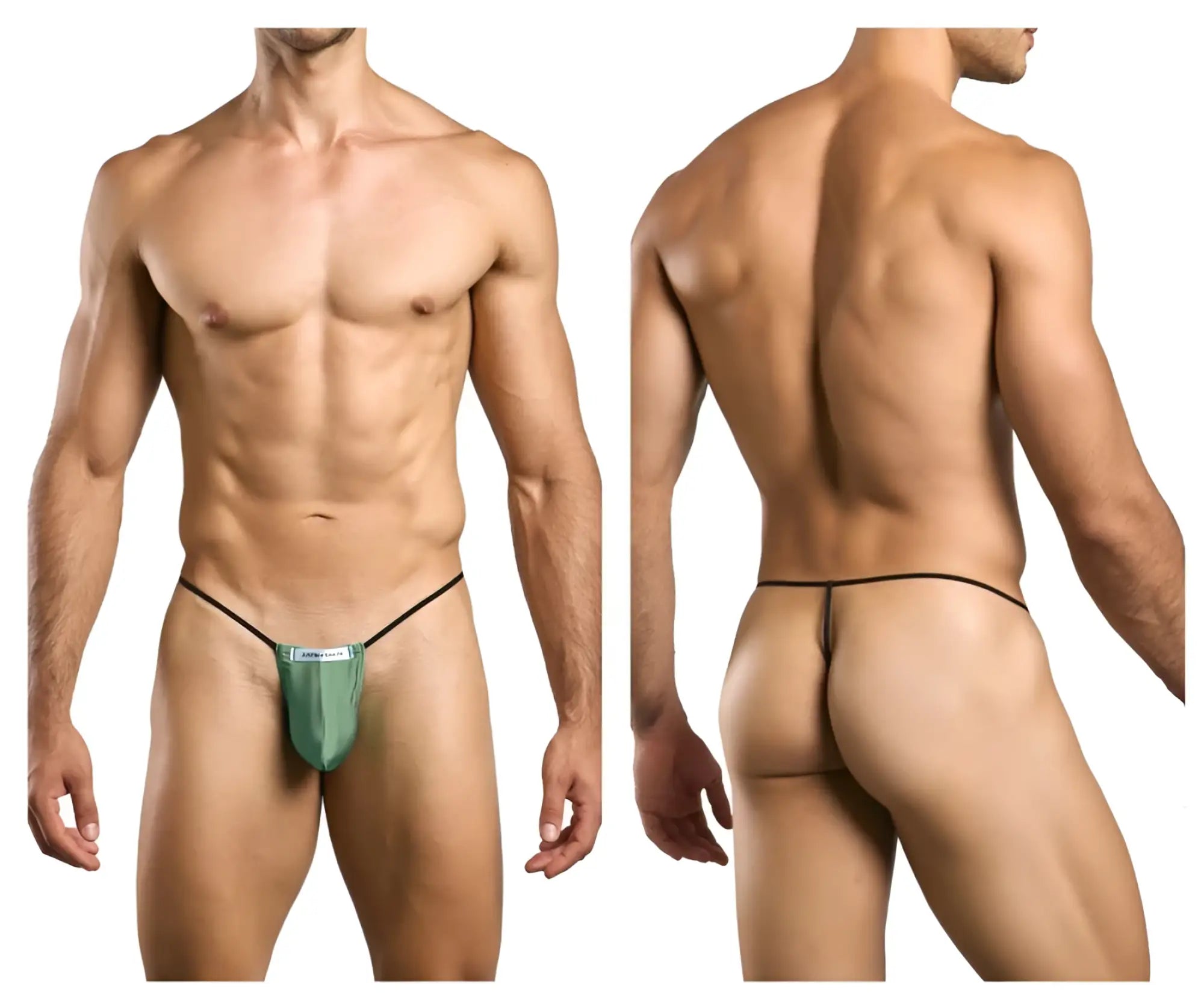 Justin simon classic g-string xsj02 in new green mesh with black elastic waistband and leg straps shown from the back