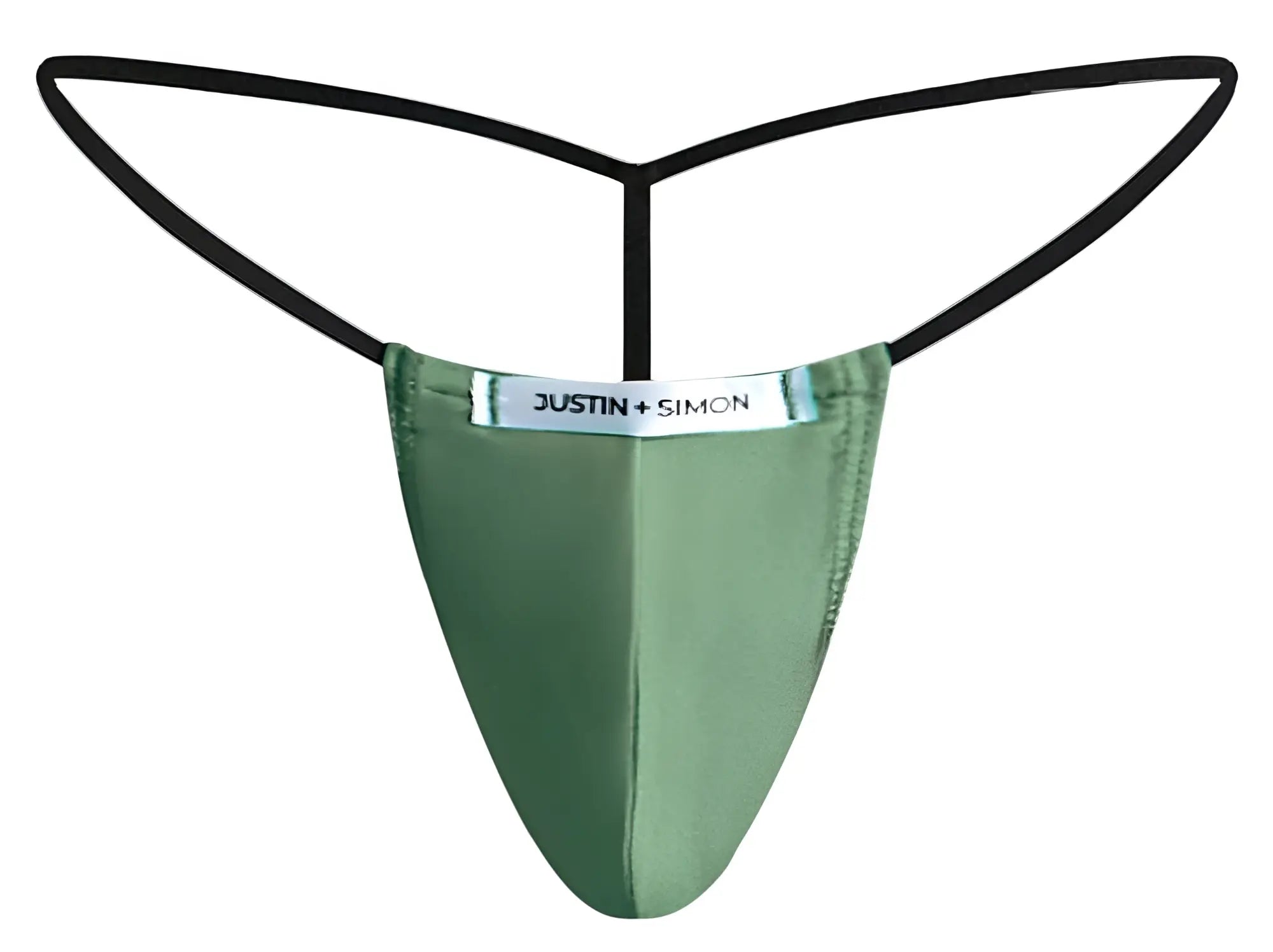 Green satin thong with black elastic straps and justin simon label in justin simon xsj02 classic g-string new green