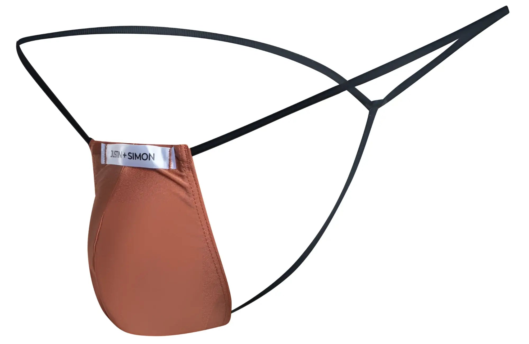 Brown fabric classic g-string with black elastic straps and just simon label in ochre color for comfortable wear