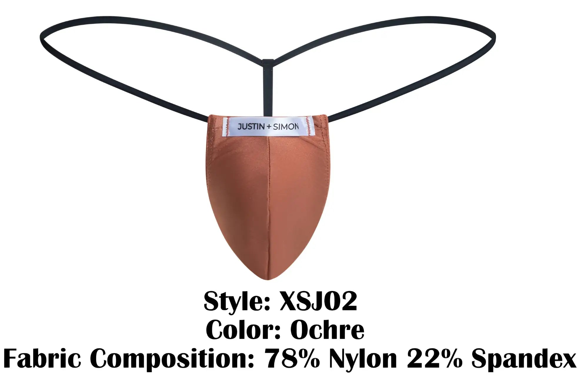 Ochre-colored triangular thong with black elastic straps and justin simon label in classic g-string style