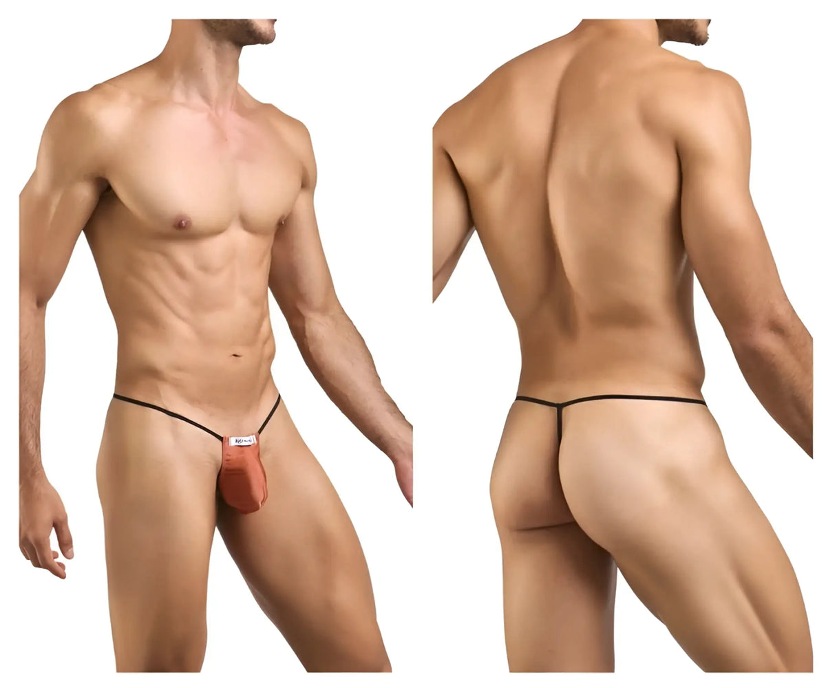 Orange-red classic G-string thong with black elastic waistband and small white label by Justin Simon color ochre