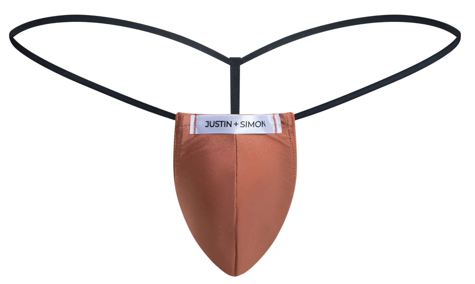 A tan smooth-textured justin simon thong g-string with black elastic straps in ochre color front view