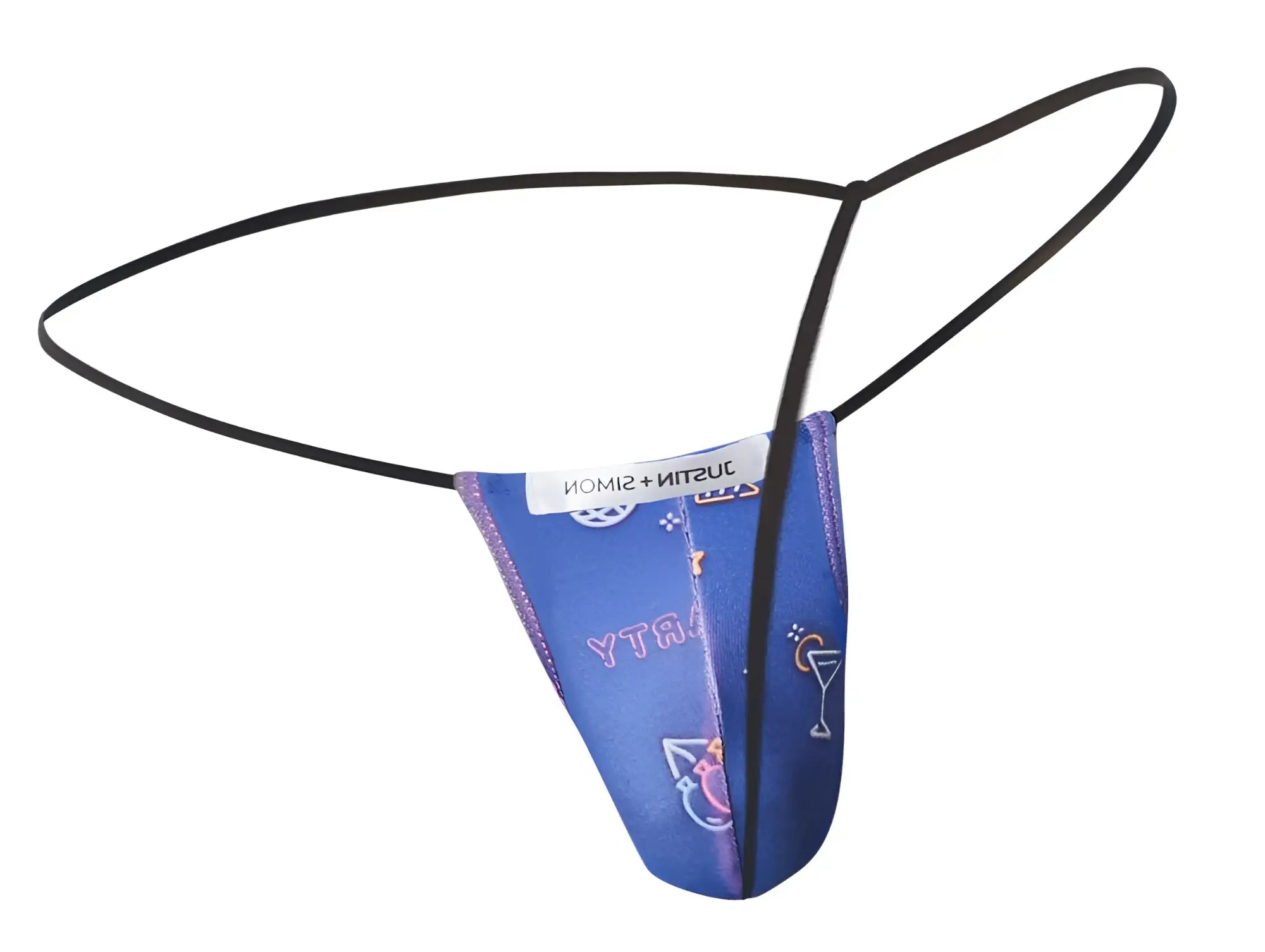 Blue patterned classic g-string thong with black elastic straps and white justin simon label in xsj02 party style