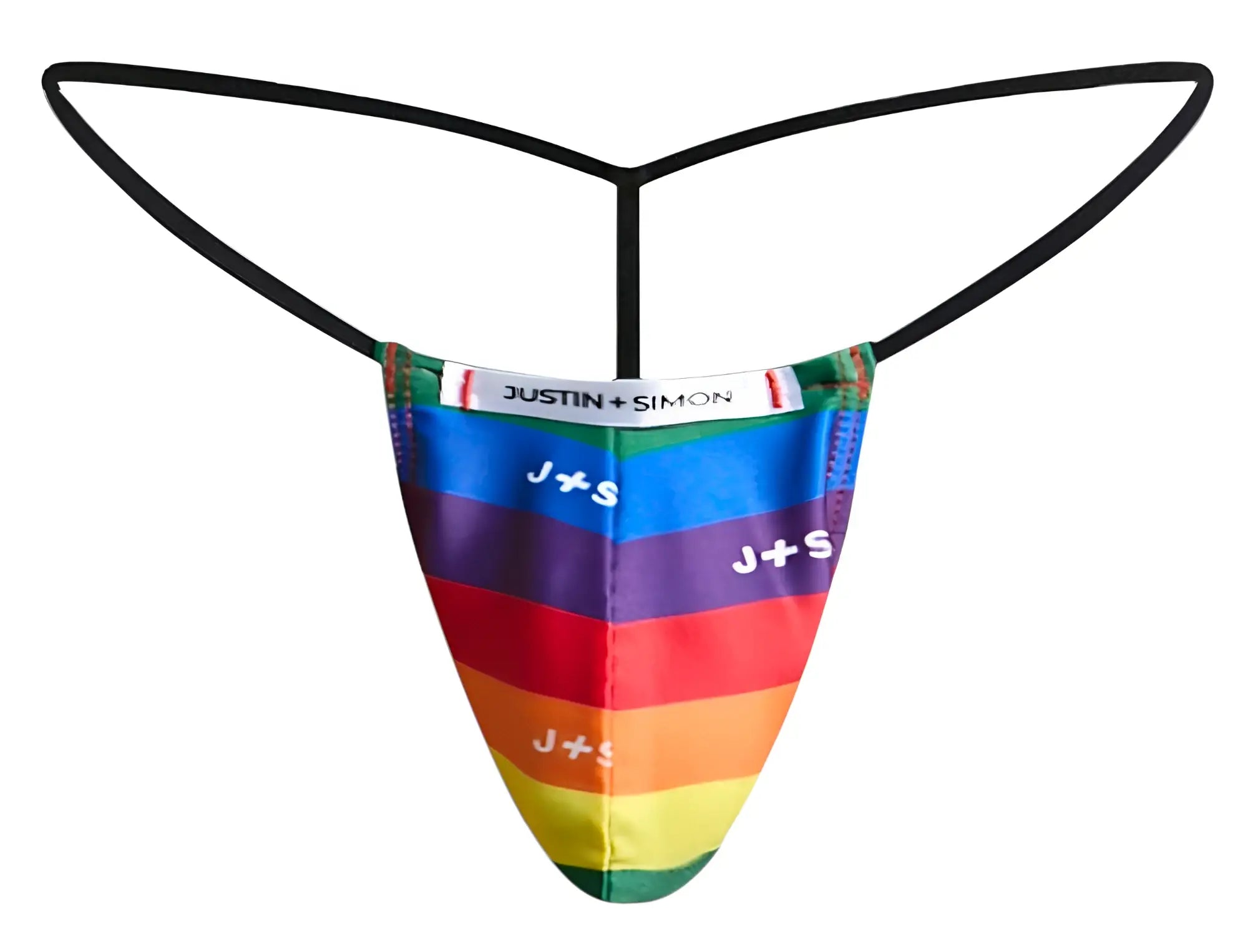 Justin simon xsj02 classic g-string with rainbow-striped thong and black elastic straps featuring color pride flag design