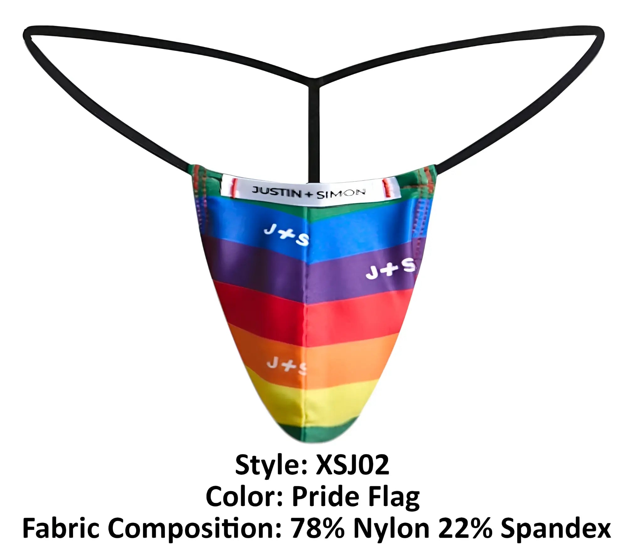 Rainbow-striped thong in pride flag colors with black elastic straps and justin simon logo front view