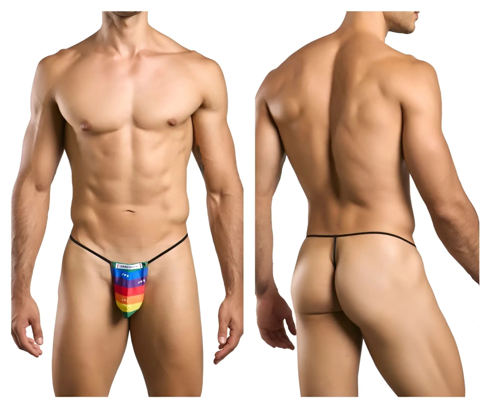Justin+Simon XSJ02 classic G-string thong with rainbow pride flag stripes and black elastic waistband and straps
