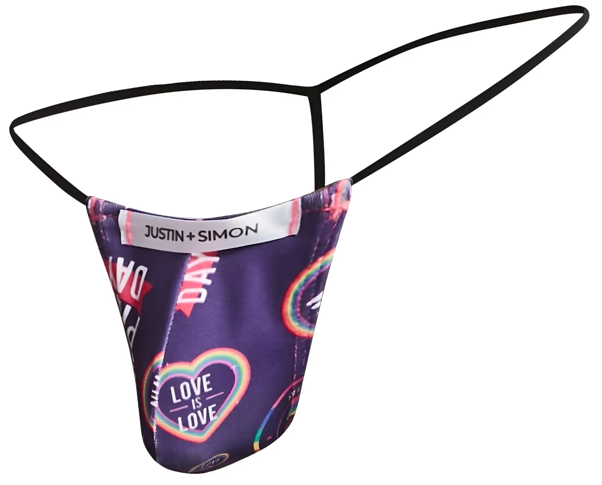 Purple patterned thong with black elastic straps and justin simon label from justin simon xsj02 classic g-string color pride