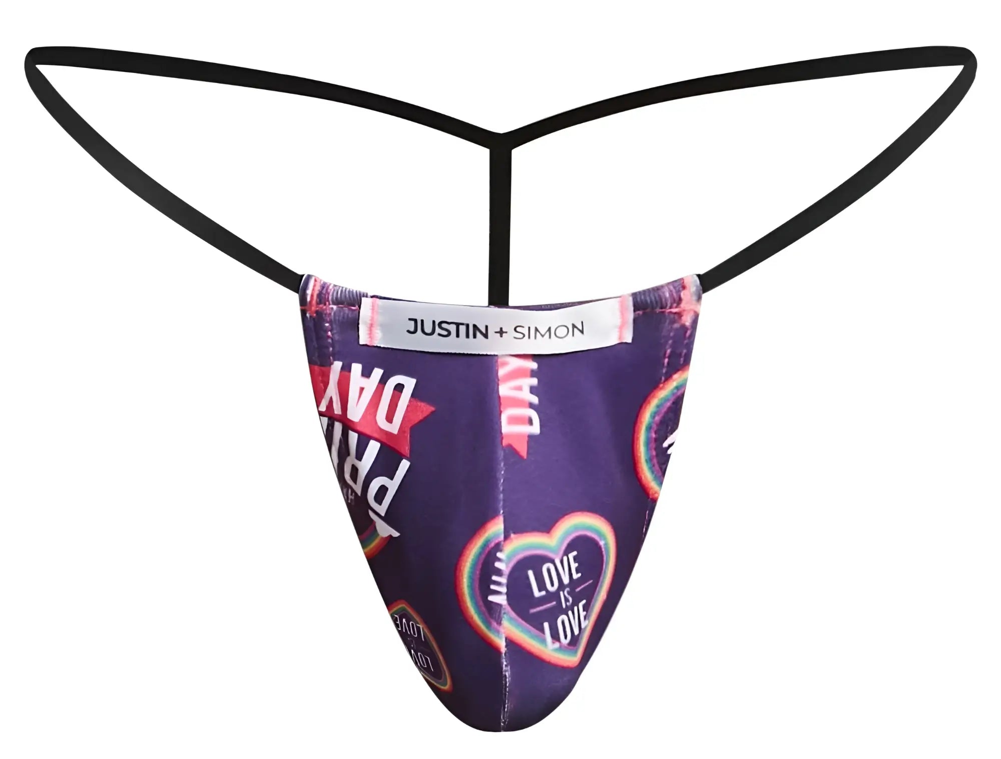 Purple thong with black elastic straps featuring rainbow hearts love is love pride day print by justin plus simon
