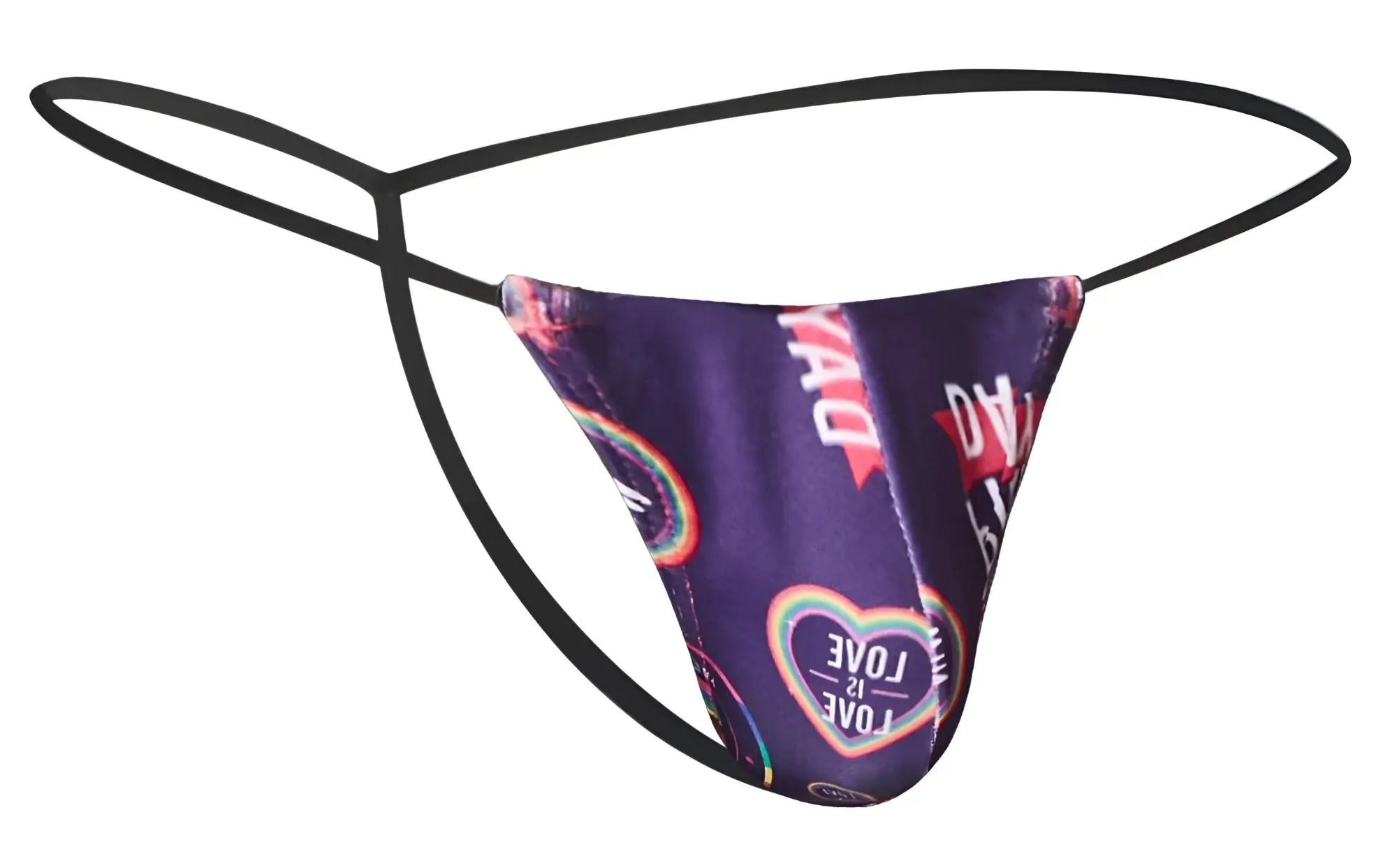 Purple thong g-string with black elastic straps and rainbow love heart pattern from justin simon color pride collection