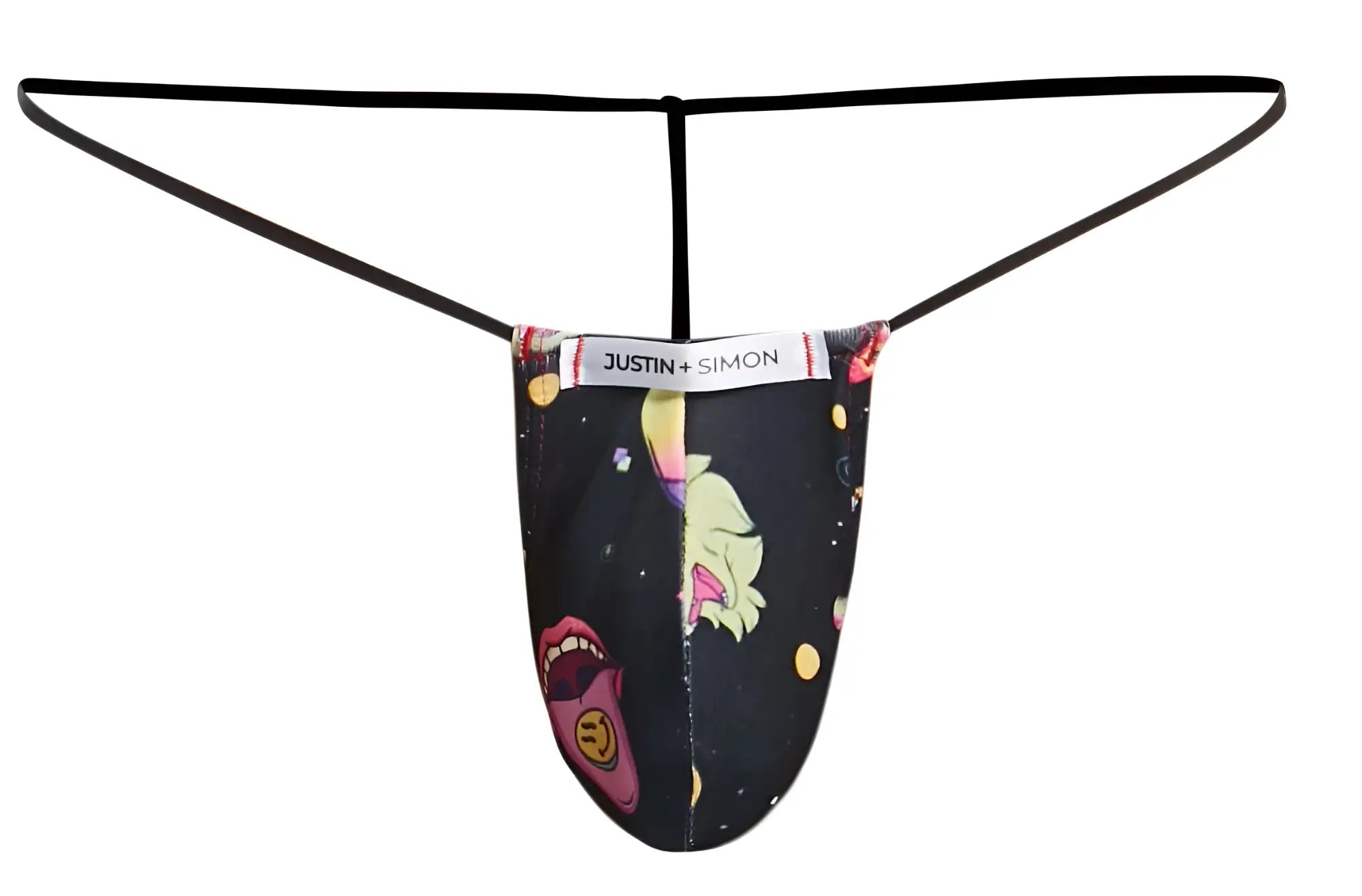 Black justin simon classic g-string with vibrant psychedelic cartoon graphic of pink lips yellow hair and celestial elements
