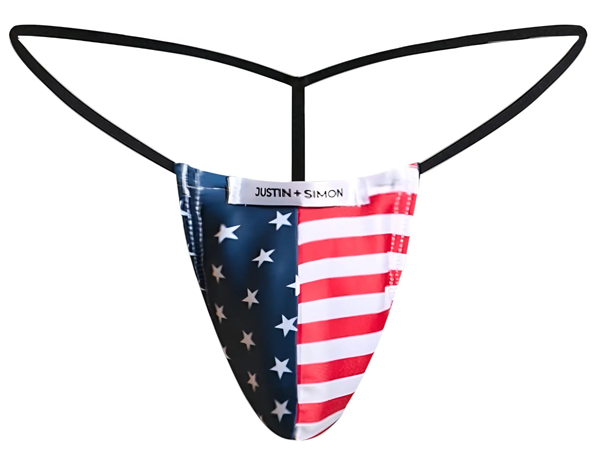Justin simon classic g-string thong with bold american flag design in red white and blue on stretchy fabric
