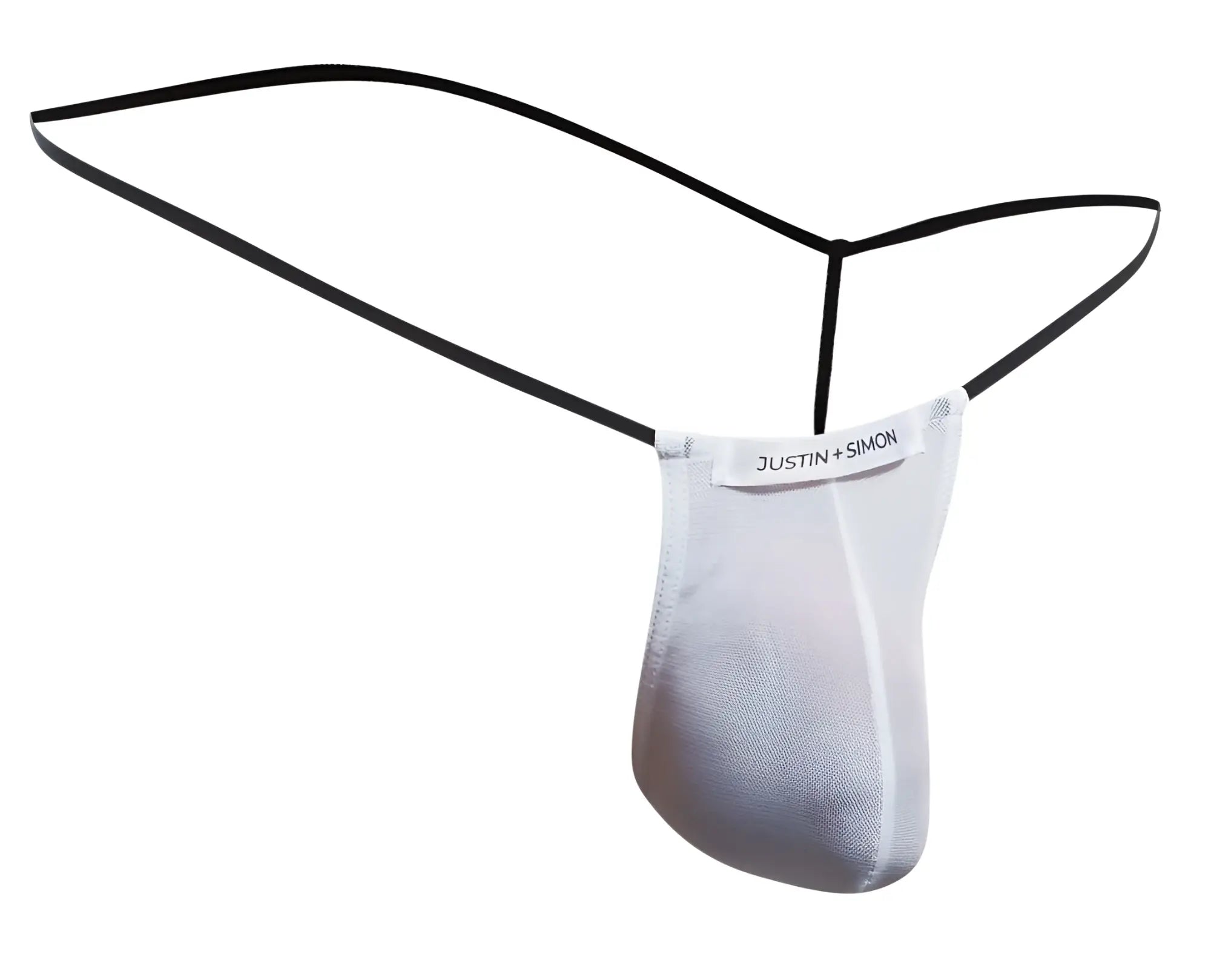 Black and silver mesh thong from justin simon showcasing classic white mesh g-string design front view