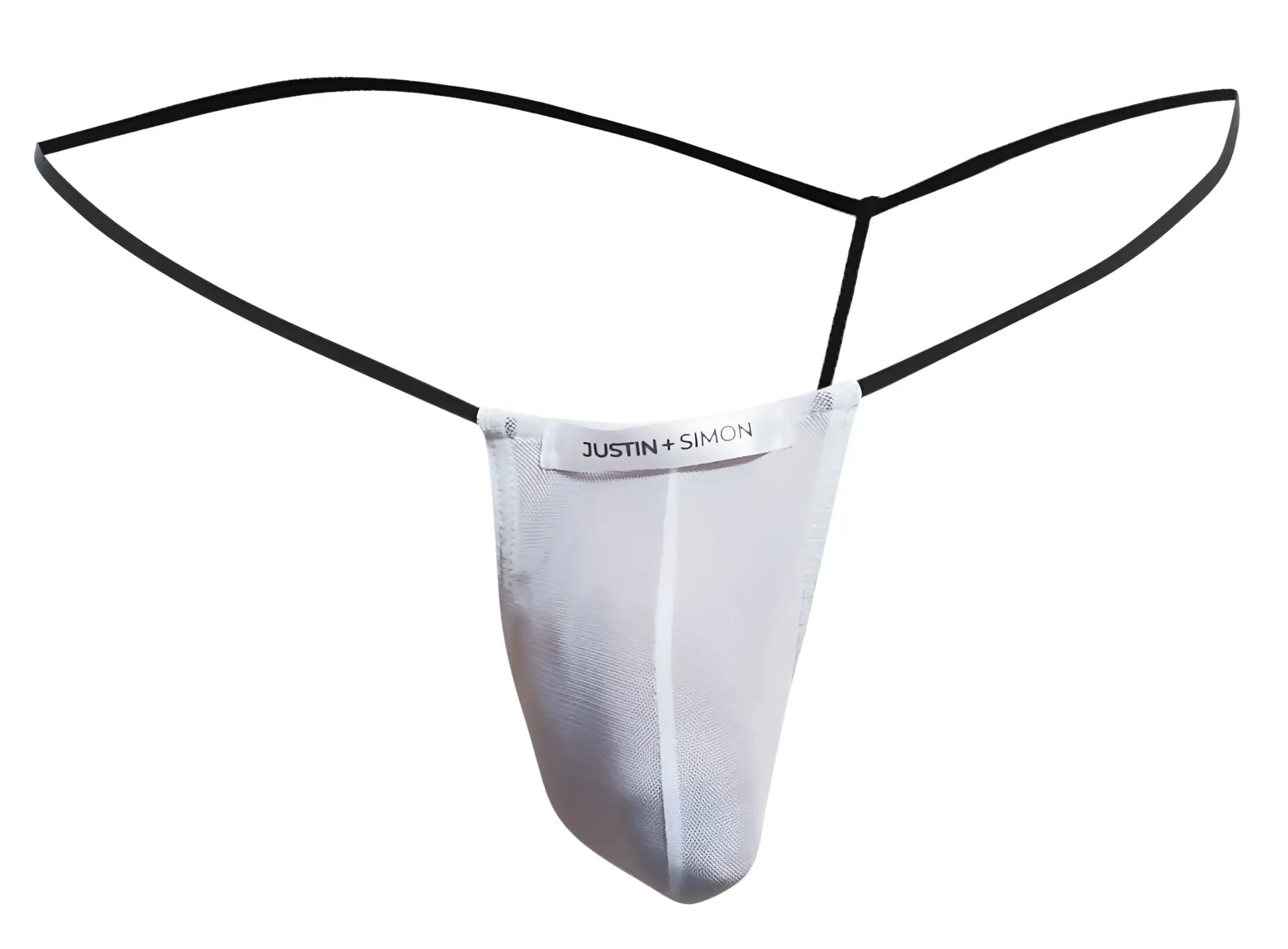 White mesh classic g-string with black elastic straps and justin plus simon brand label in front view