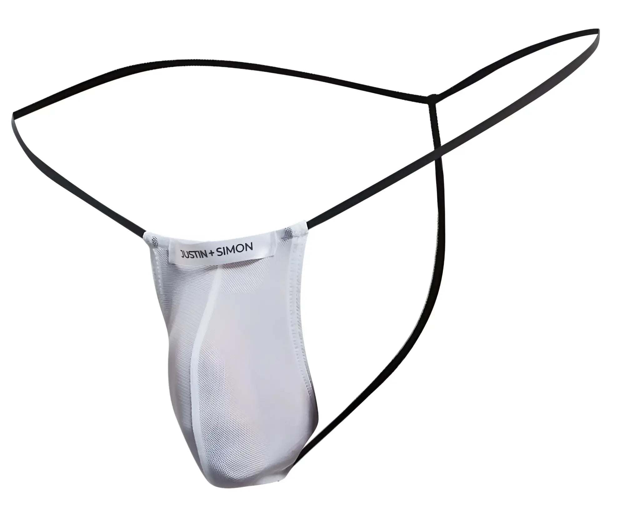White mesh thong with black elastic straps branded justin plus simon classic g string xsj02 front view