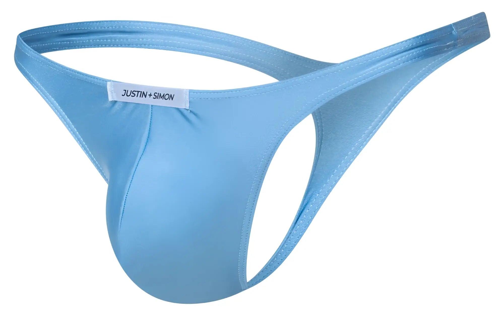 Light blue satin thong with justin simon brand label from the Justin Simon XSJ03 classic thongs collection