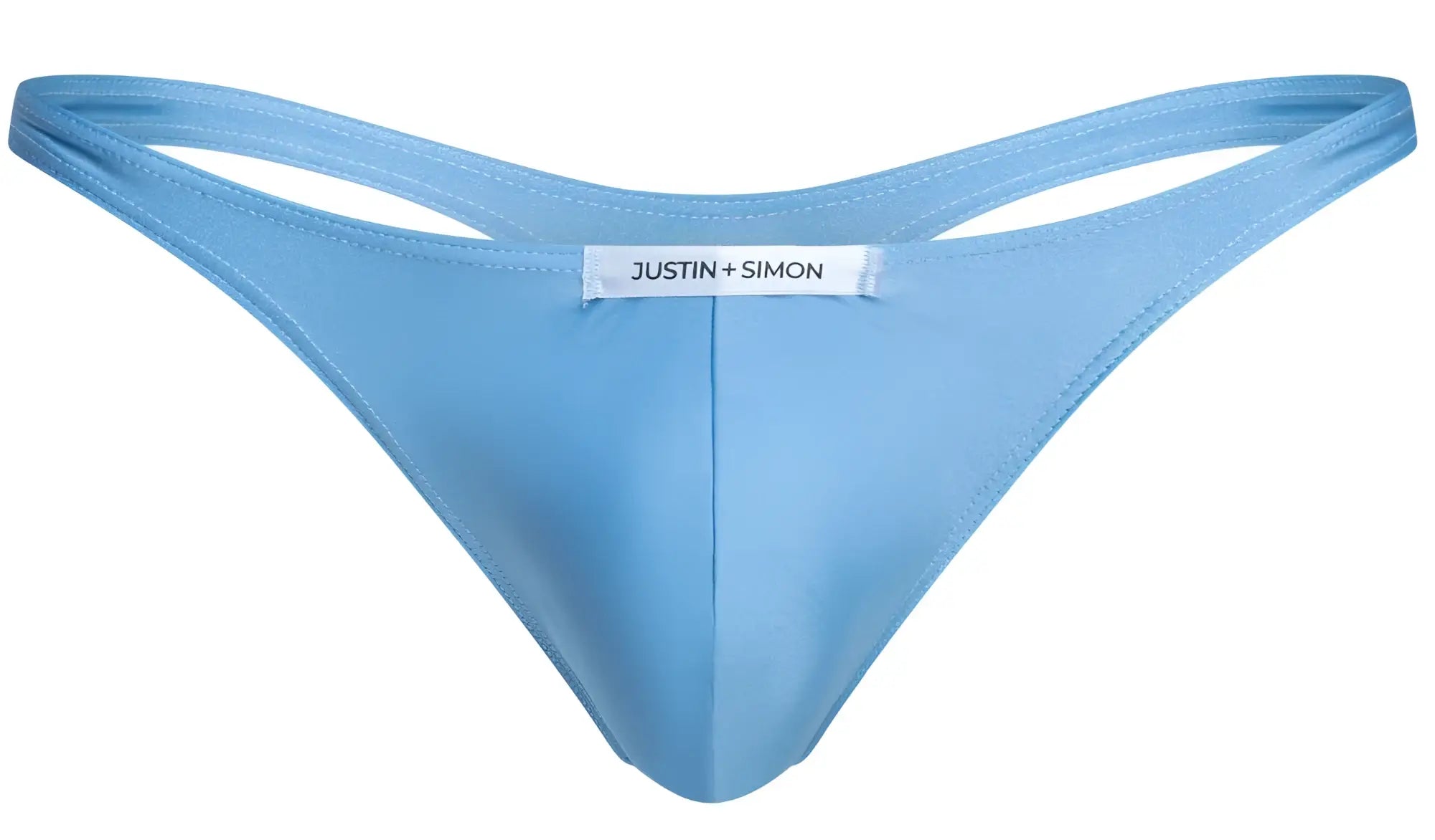 Light blue satin classic thong showing back with white justin plus simon label for comfortable everyday wear