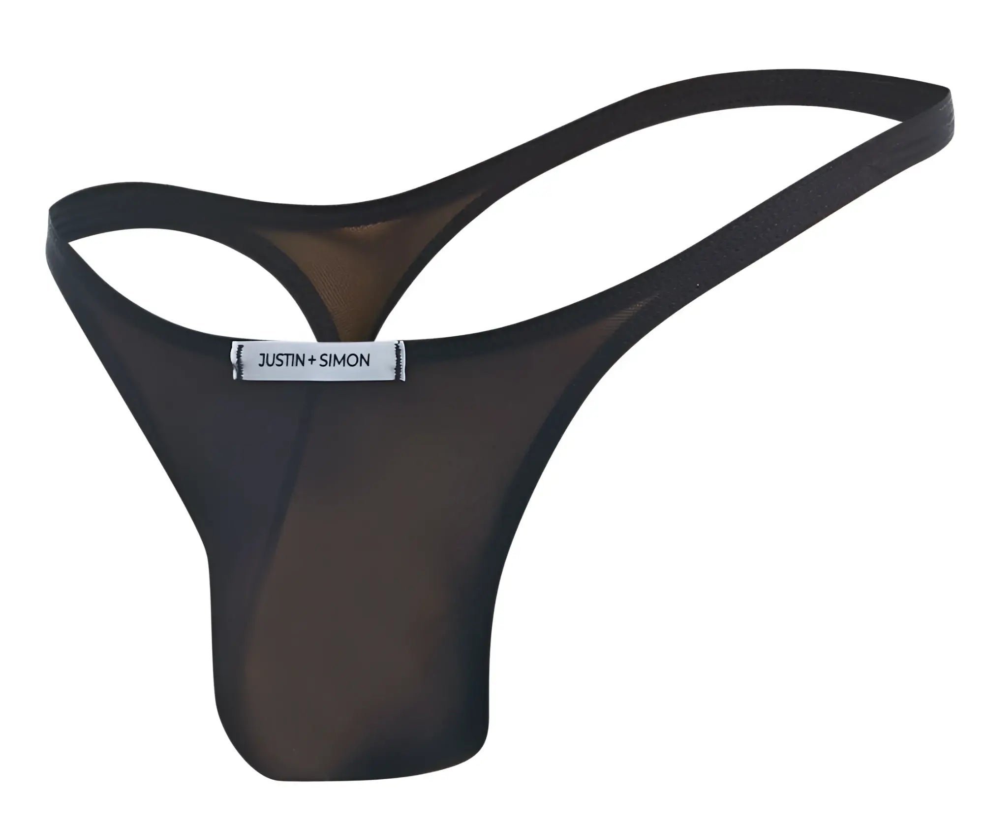 Black sheer mesh thong with justin+simon branded label on the waistband from the back side