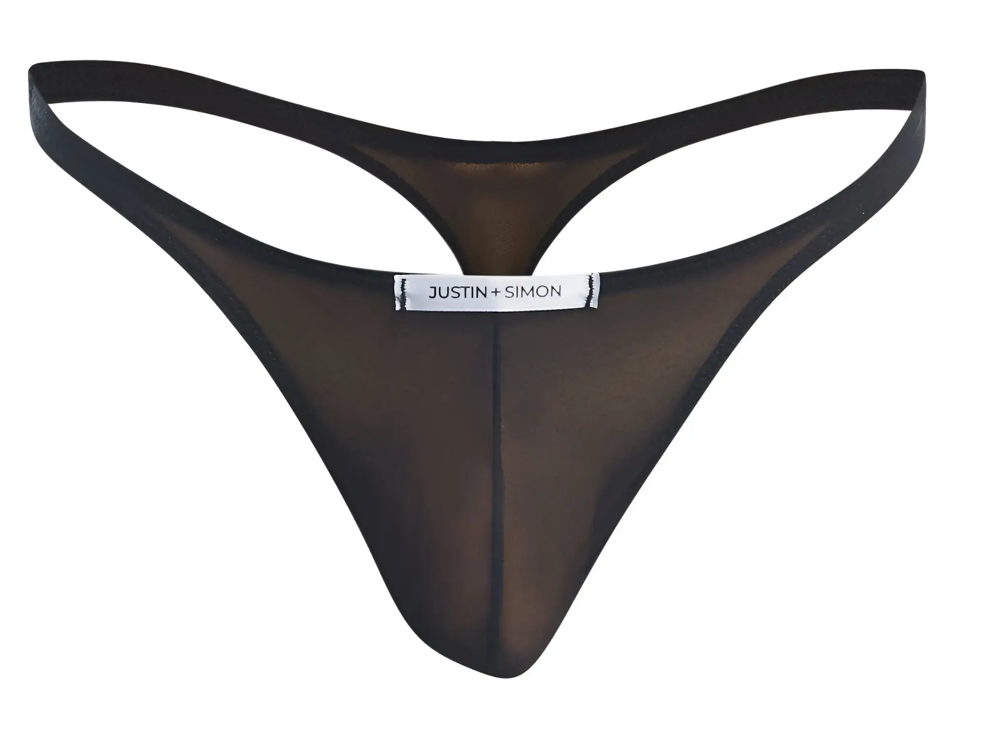 Black sheer mesh thong with black elastic waistband and justin simon label from the justin simon xsj03 classic thongs line