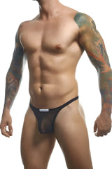 Black sheer mesh thong with small white label at the front from JUSTIN SIMON XSJ03 classic thongs collection