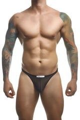 Justin+Simon xsj03 classic black sheer mesh briefs with a white label waistband shown from the back side