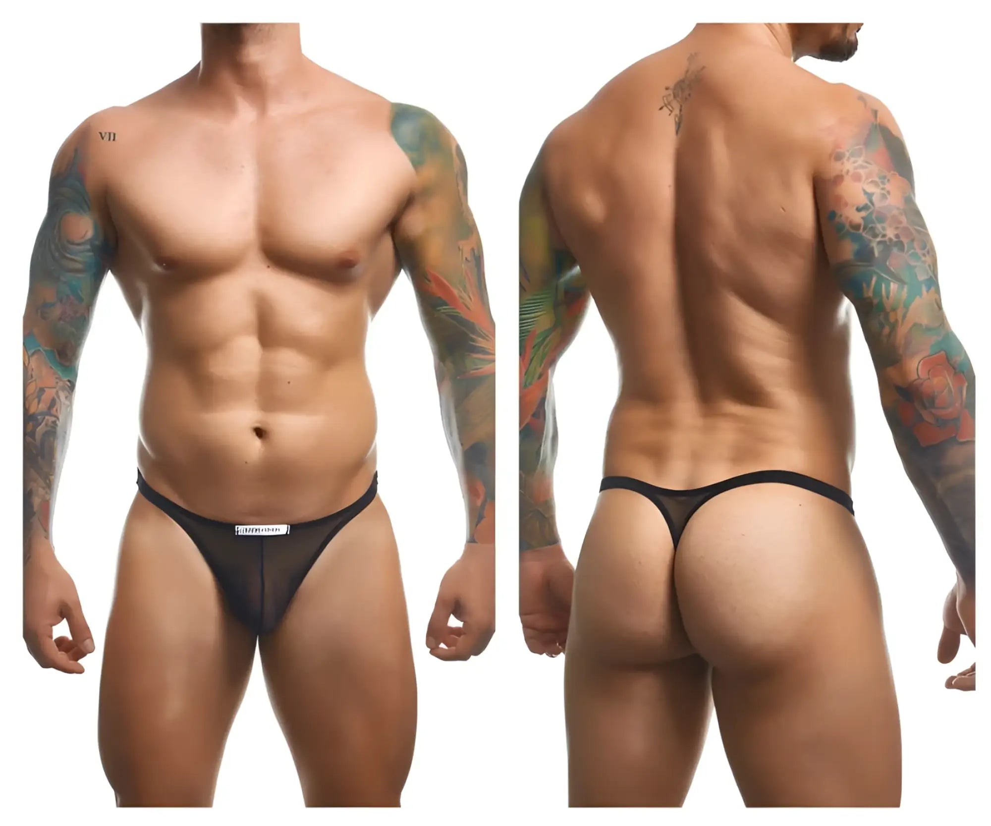 Justin simon classic thong in black mesh featuring a small white label at the front for a sleek look