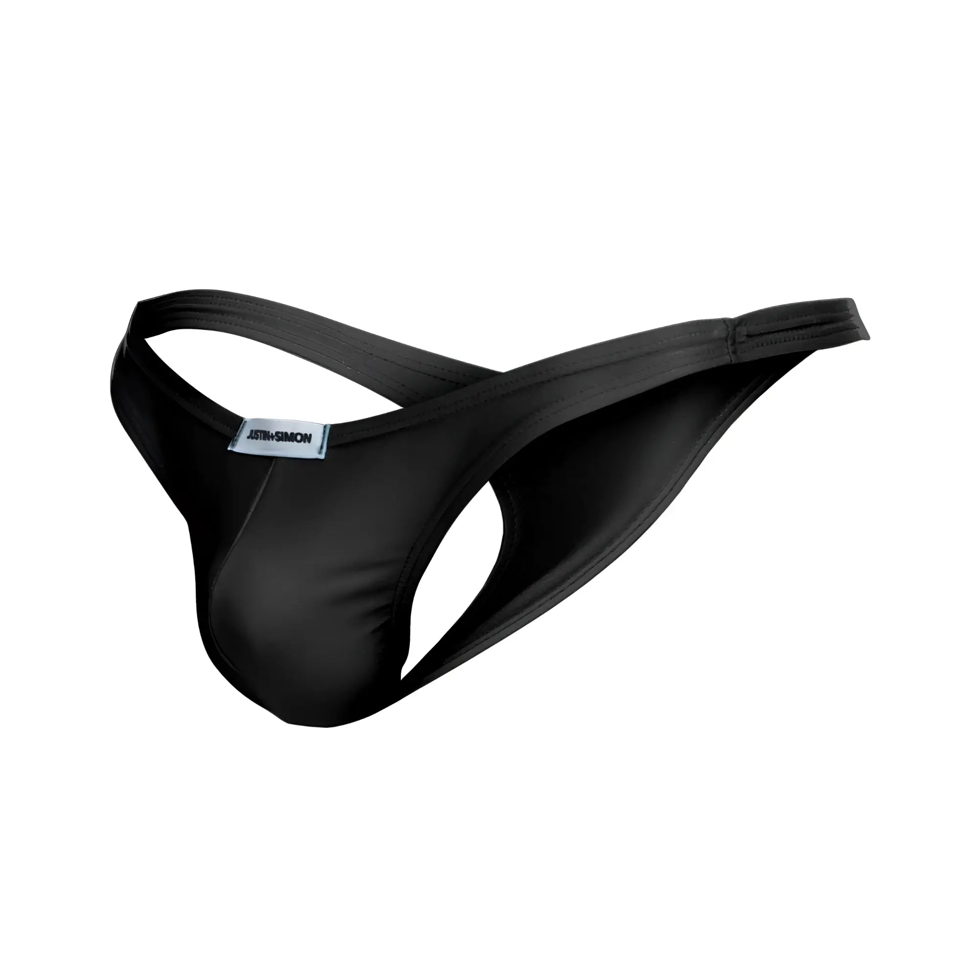 Black satin-like JUSTIN+SIMON XSJ03 classic thong shown from the back with a sleek design and small brand tag