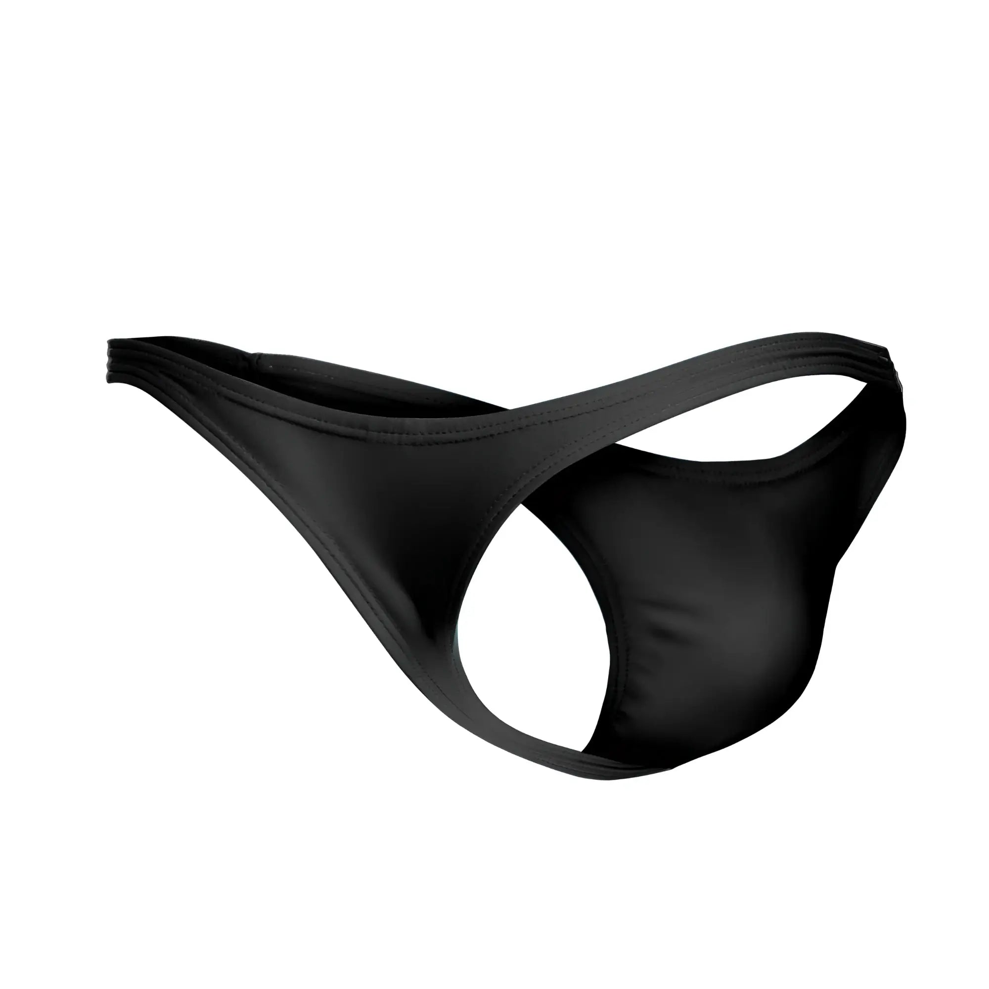 Black sleek form-fitting thong made of smooth stretchy fabric with a minimalist design by JUSTIN SIMON XSJ03