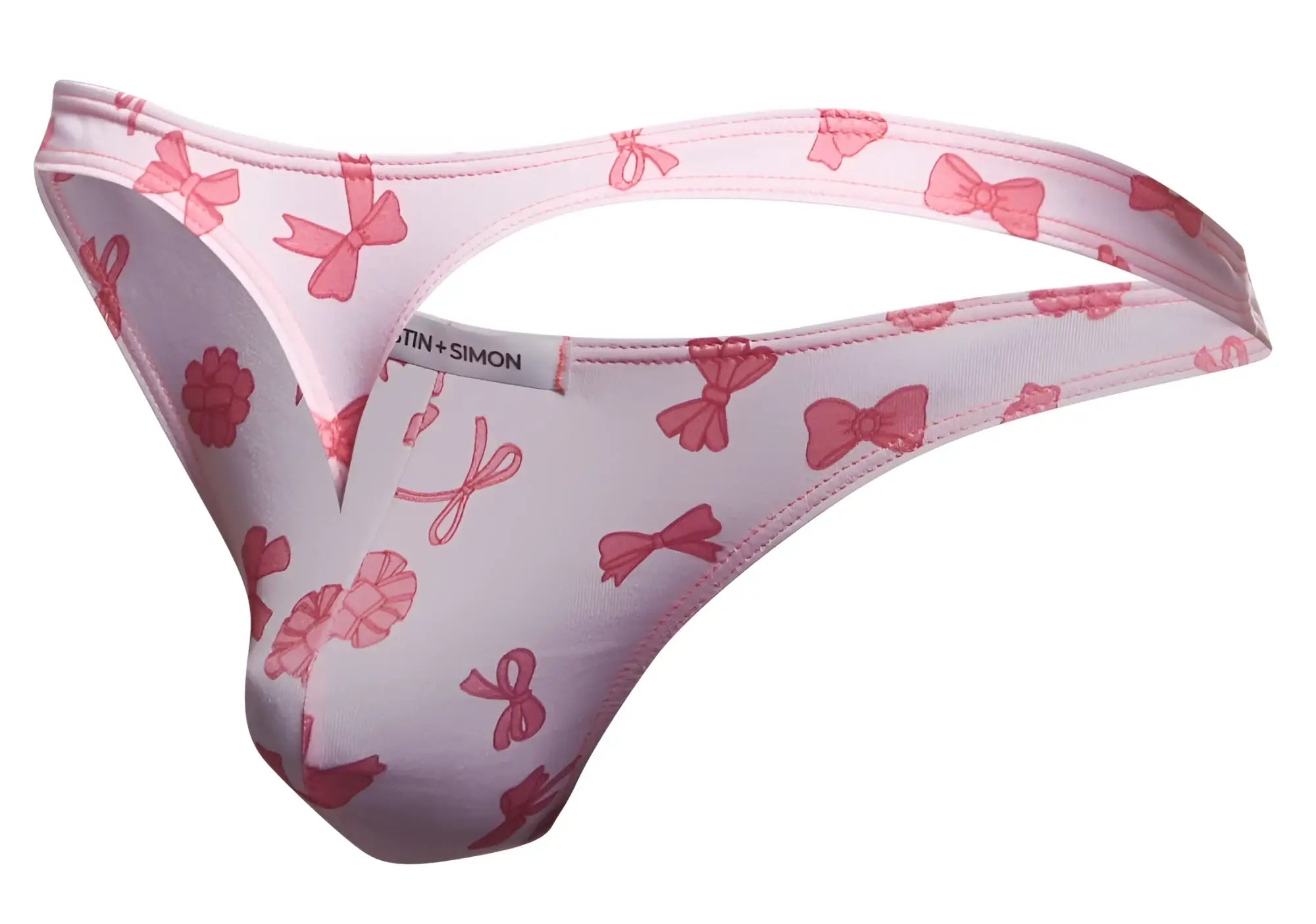 Pink bow-patterned men’s thong by martin plus simon from justin plus simon xsj03 classic thongs color coquette collection