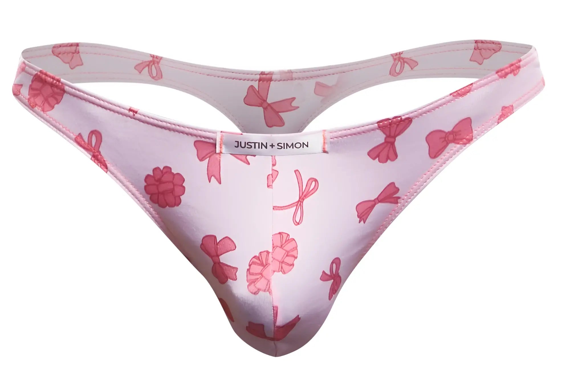 Justin simon xsj03 classic thong in coquette color with pink bow and raspberry pattern front view