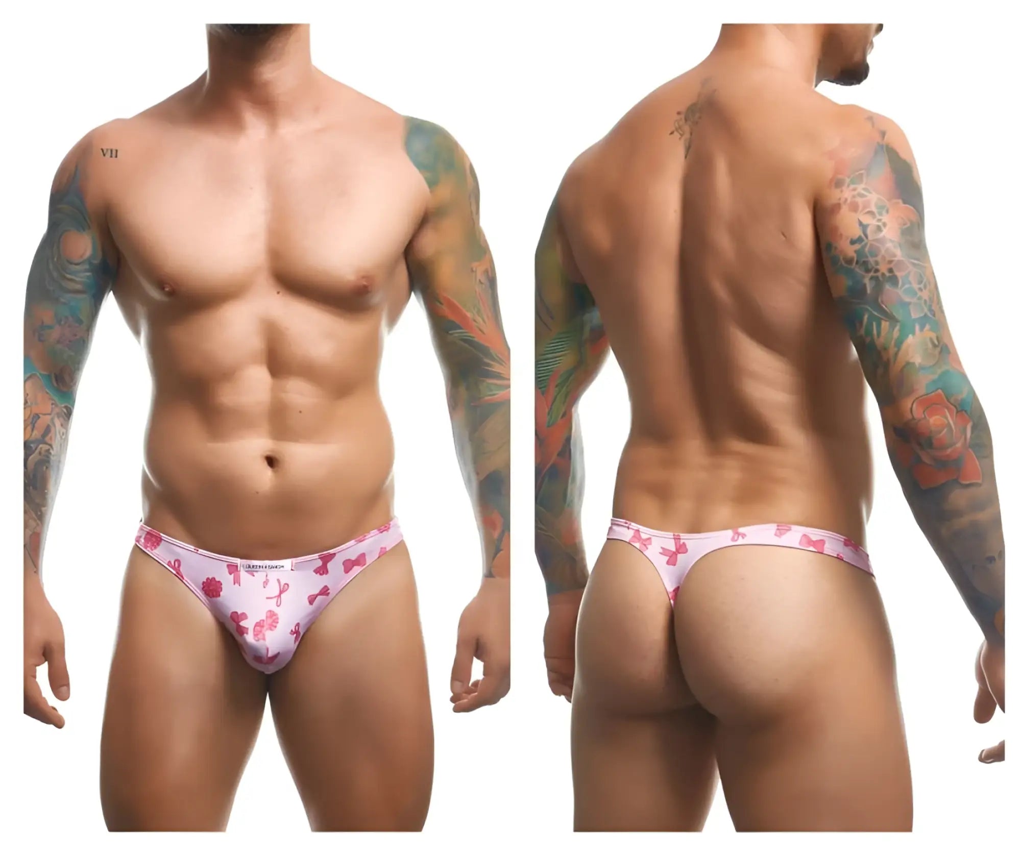 Pink patterned thong with bow and ribbon design in justin simon xsj03 classic thongs color coquette