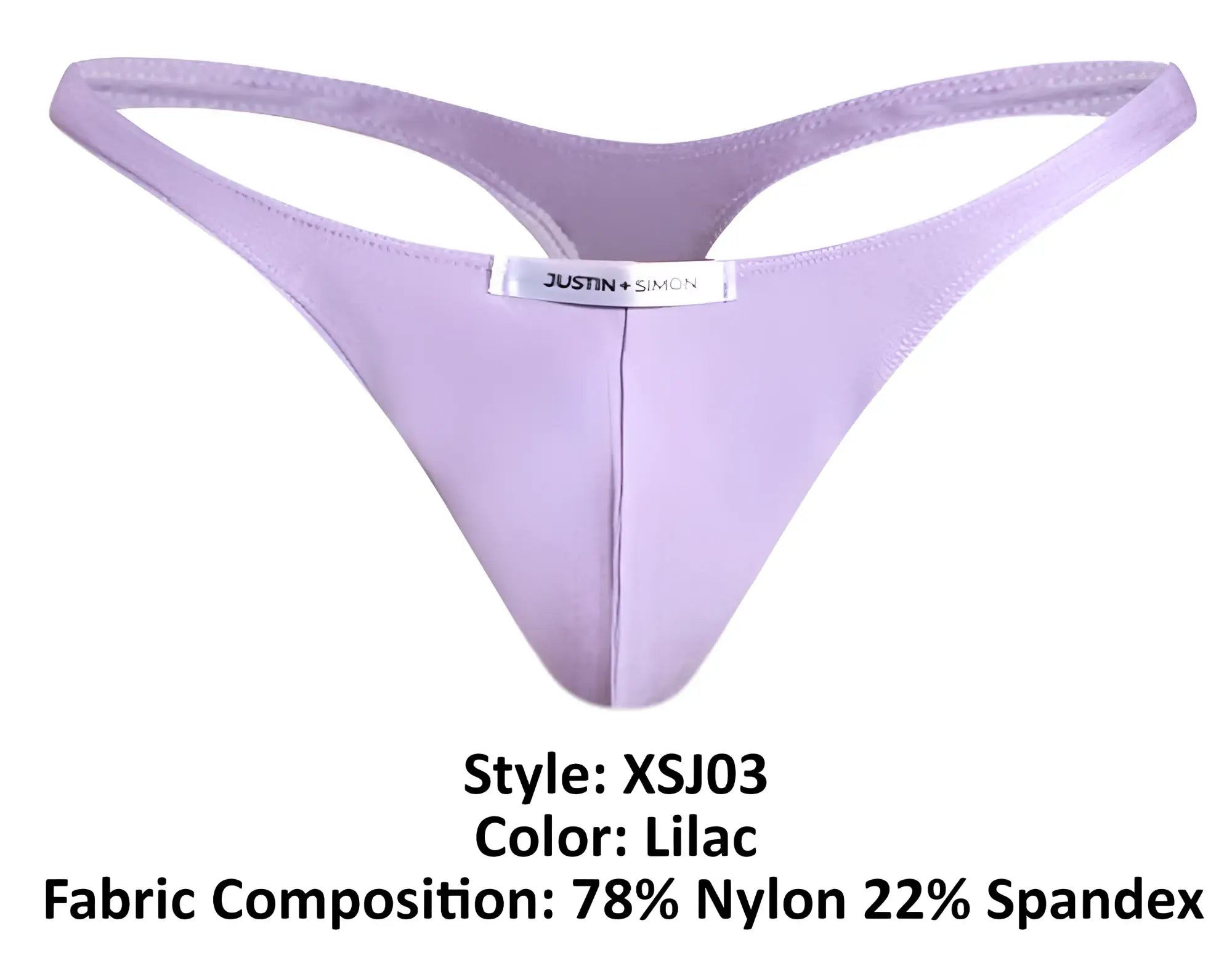 Lilac justin simon classic thong made of 78% nylon and 22% spandex shown from the back side