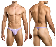 Lavender-colored form-fitting thong made of smooth fabric with subtle striped waistband from justin simon xsj03 collection