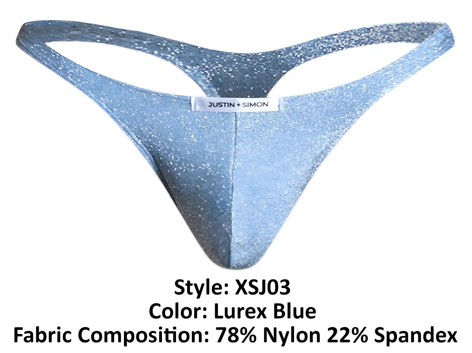 A shimmering lurex blue thong from Justin Simon made with 78 nylon 22 spandex sparkling fabric blend