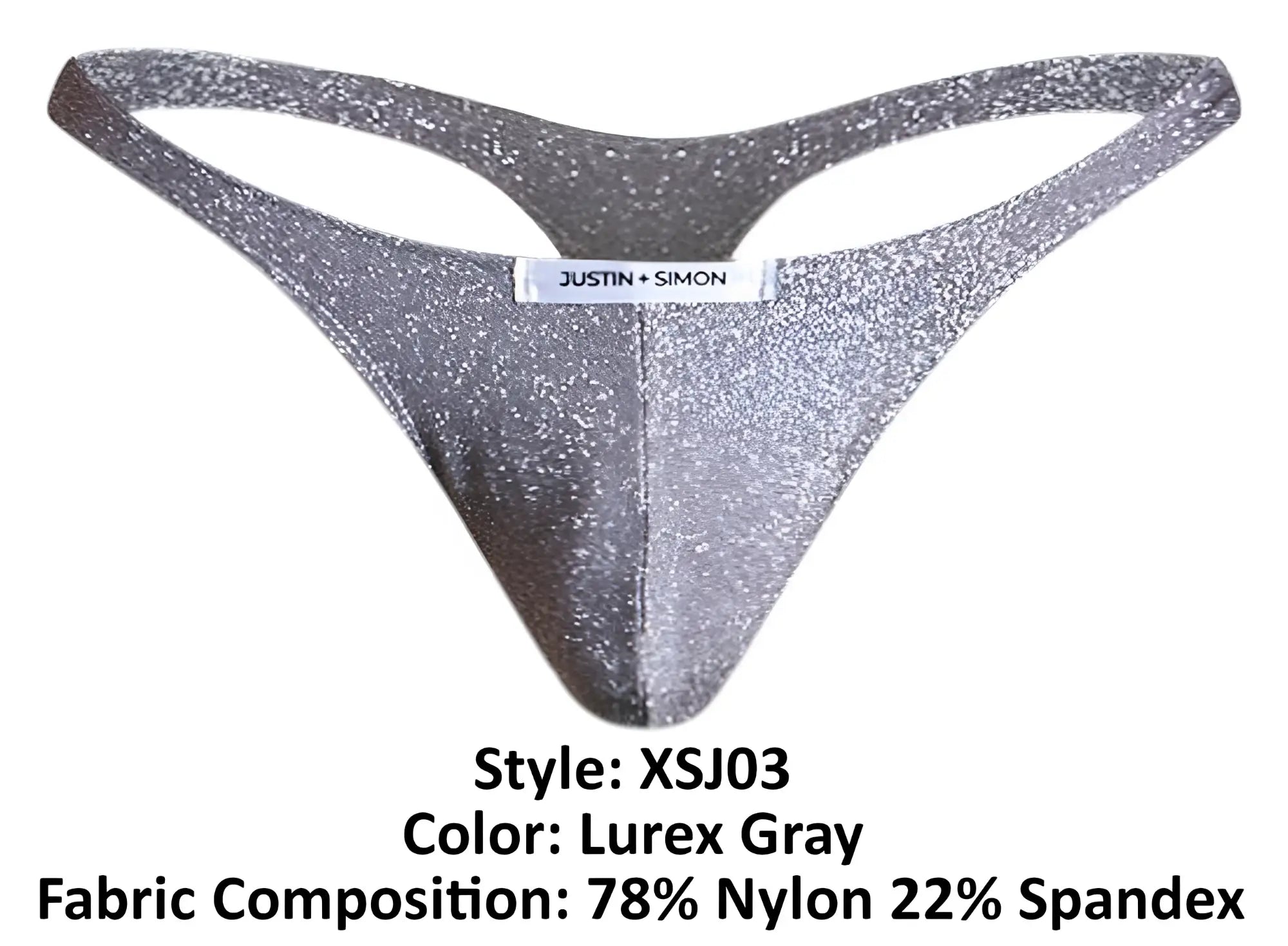 Silver glittery lurex gray thong from Justin Simon style XSJ03 showcasing classic design and shimmering fabric detail