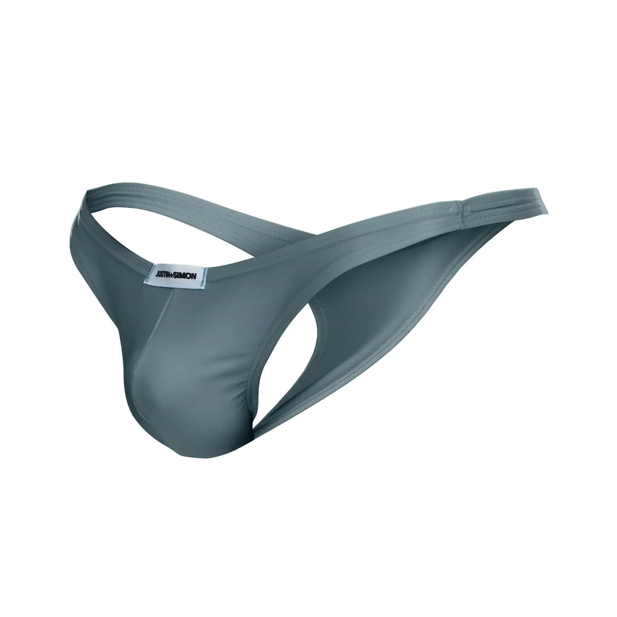 Gray justin simon thong made of smooth stretchy fabric with a sleek minimalist design shown from the back side