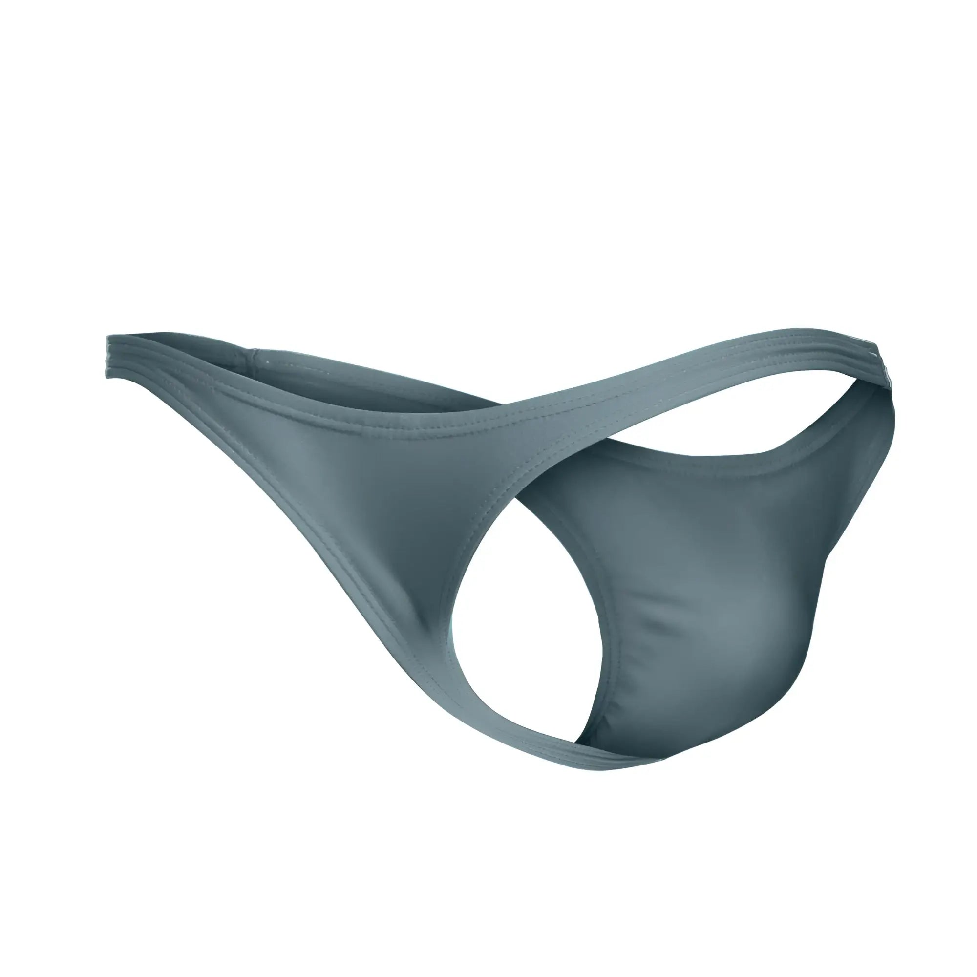 A sleek slate-gray justin simon classic thong with smooth stretchy fabric and clean stitching