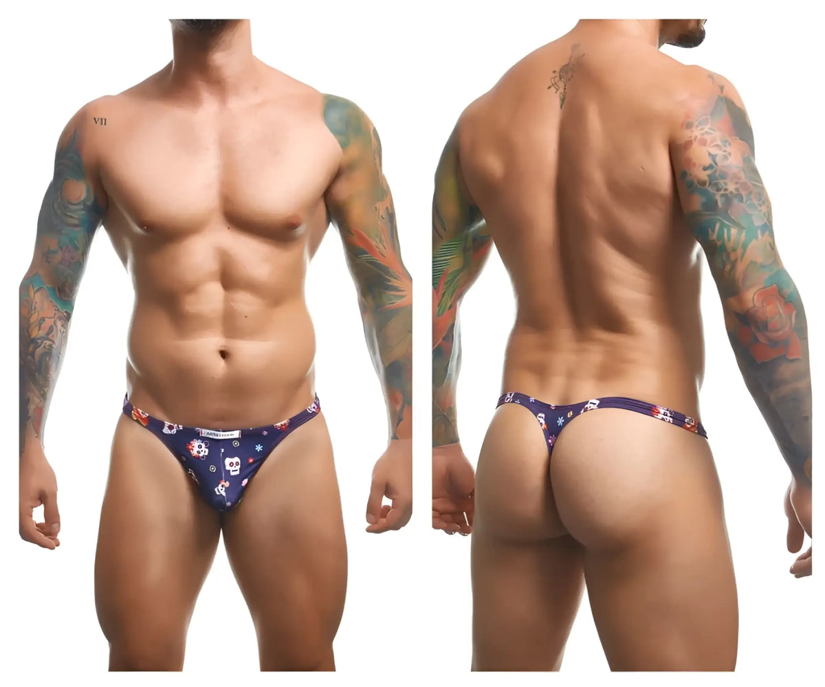 Justin simon xsj03 classic dark blue thong with white skulls and red flowers pattern showing the back side